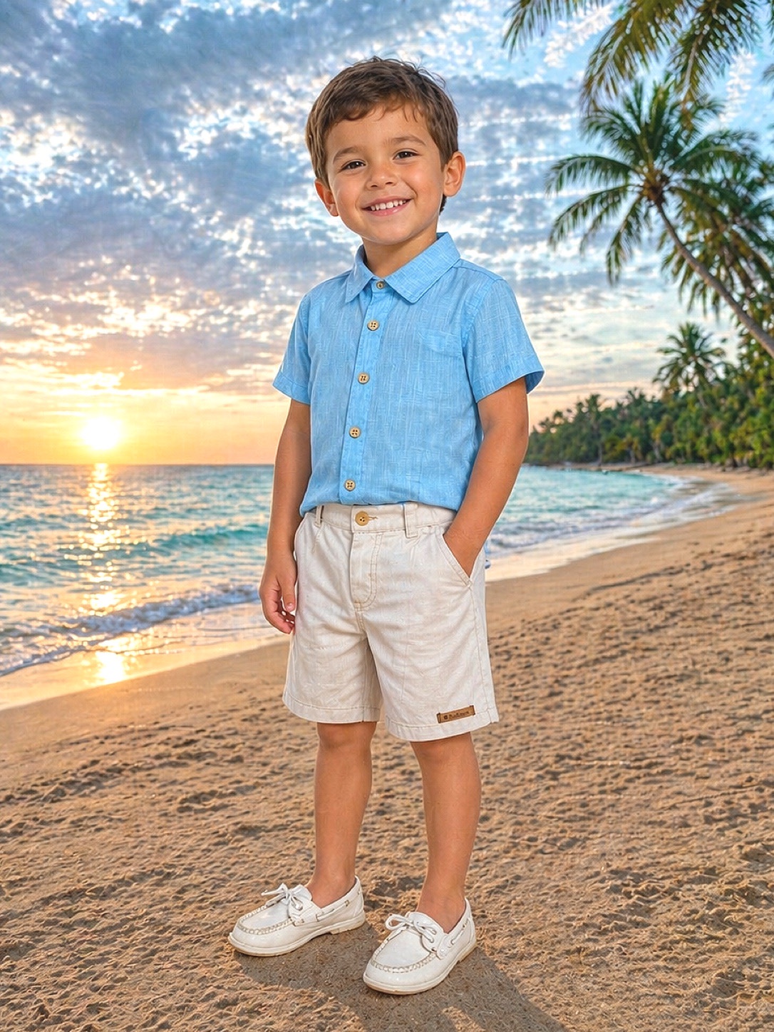 Conjunto Meninos Camisa Azul Mescla Bermuda Bege Casual