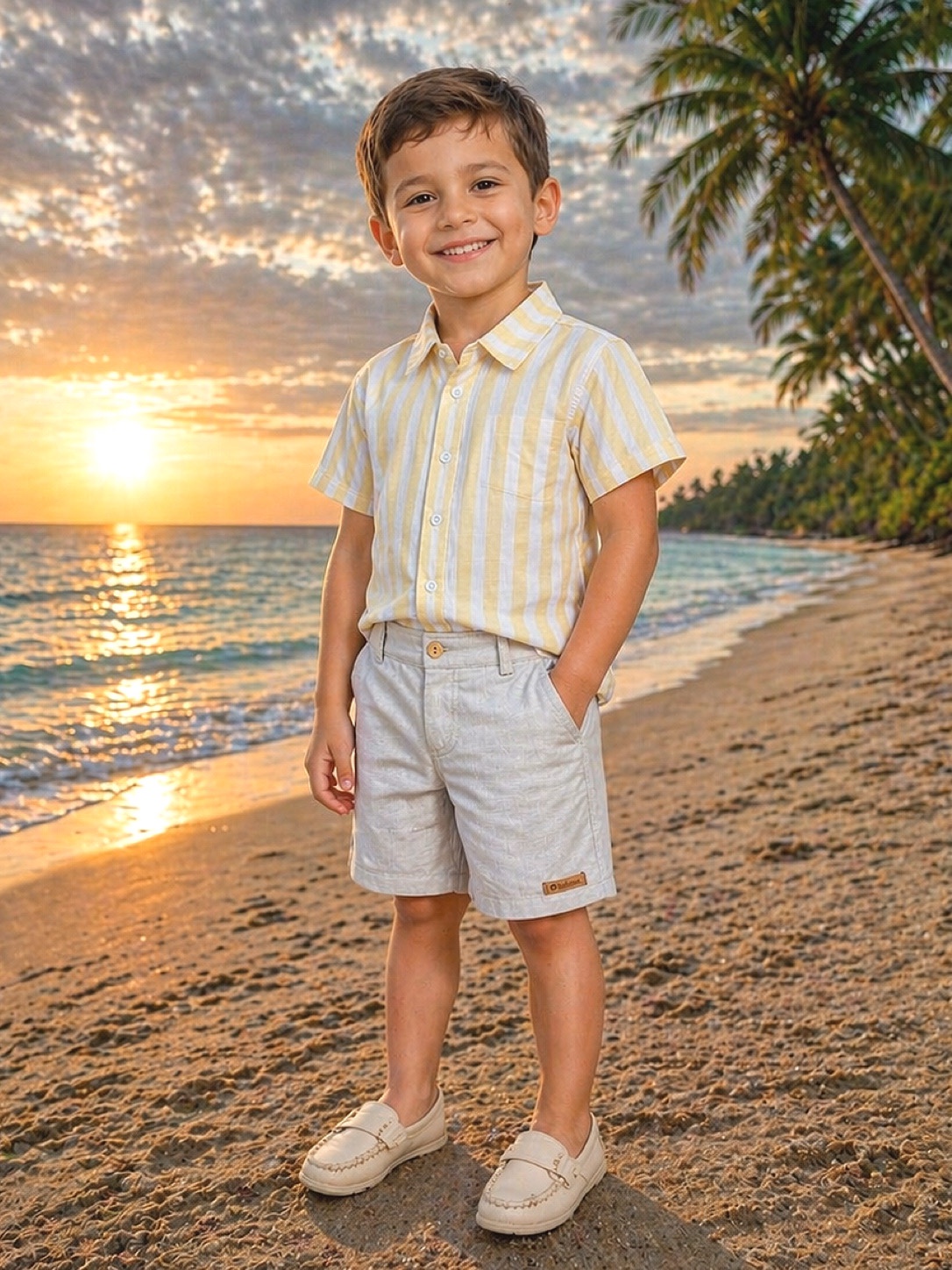 Conjunto Meninos Camisa Listrada Amarela Bermuda Bege Casual