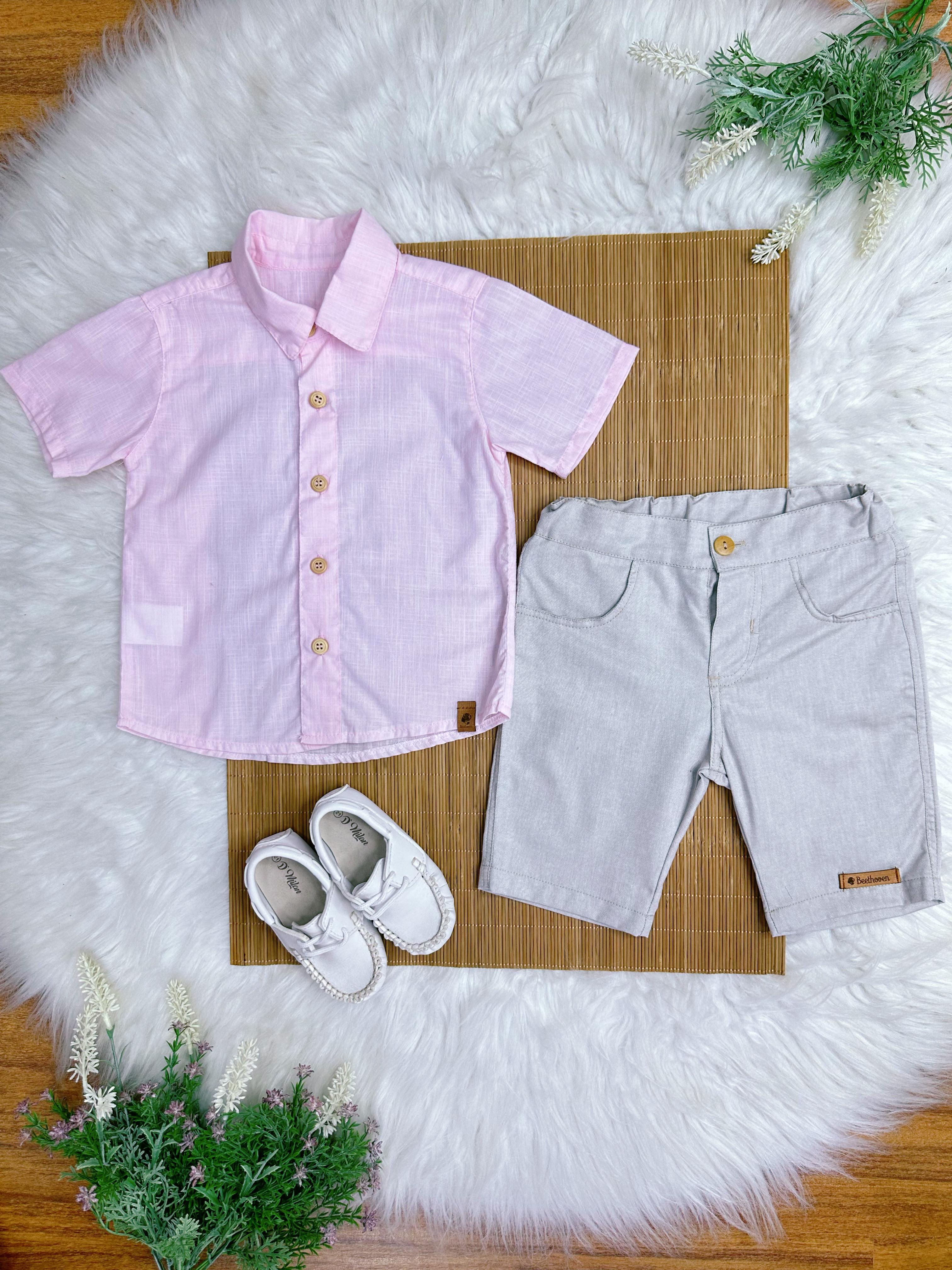 Conjunto Meninos Camisa Rosa Mescla Bermuda Bege Casual