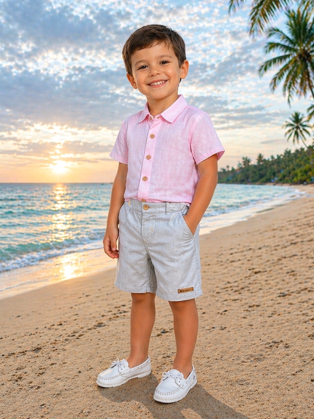 Conjunto Meninos Camisa Rosa Mescla Bermuda Bege Casual