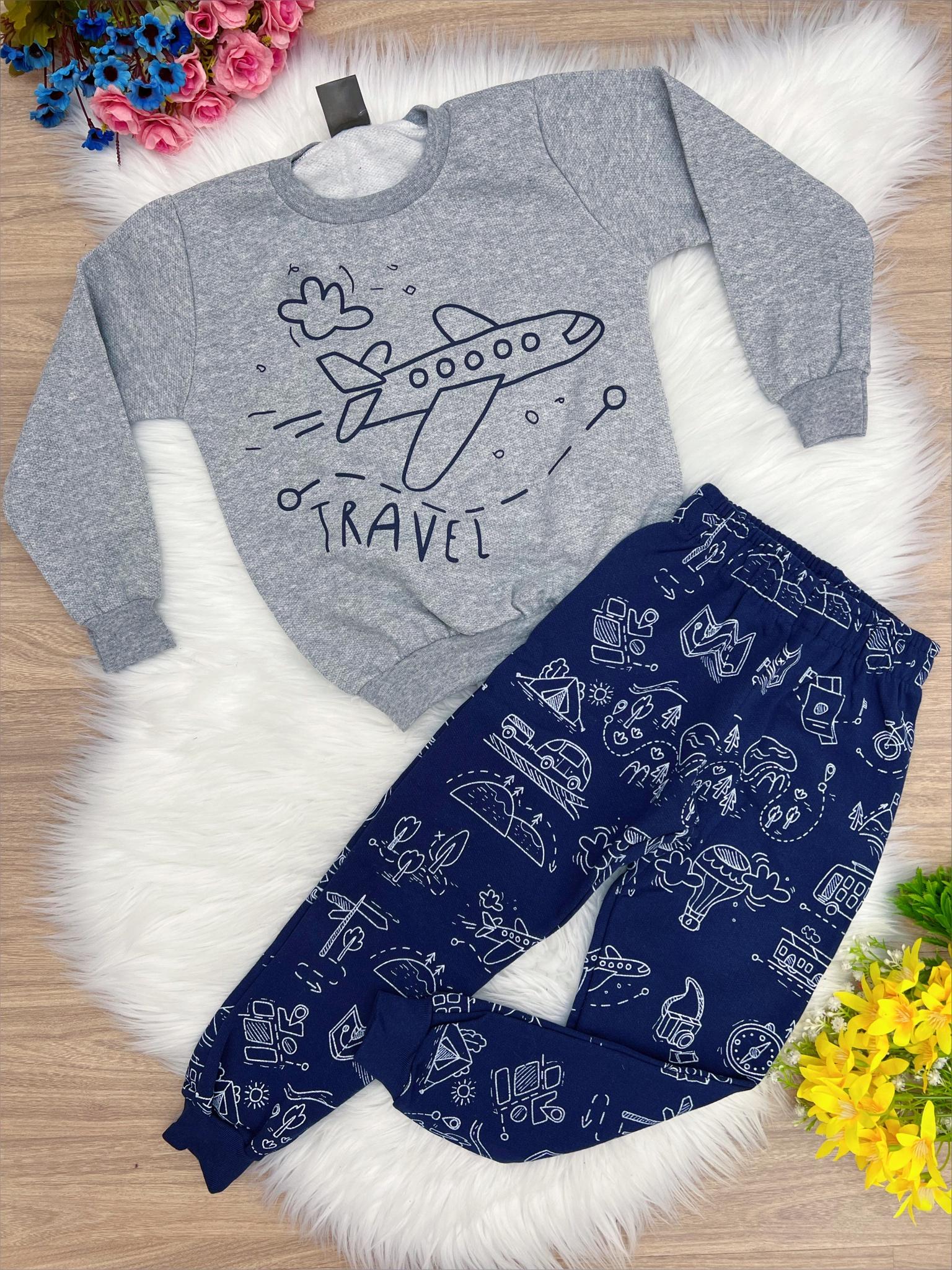 Conjunto Moletom Blusa Cinza C/ Calça Azul Escuro