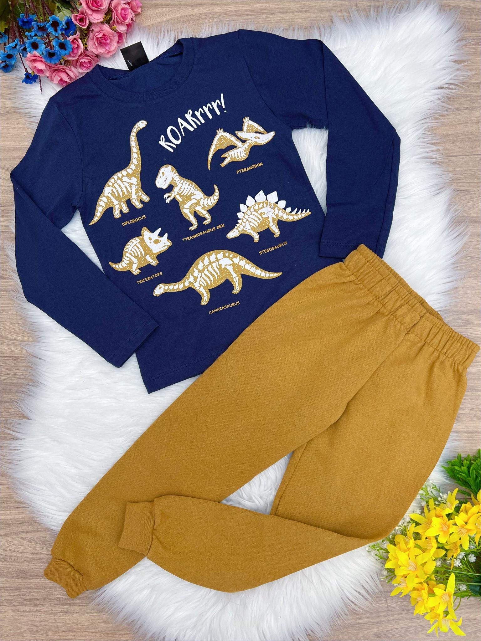 Conjunto Moletom Dino Camiseta Malha Azul M. Calça Mostarda