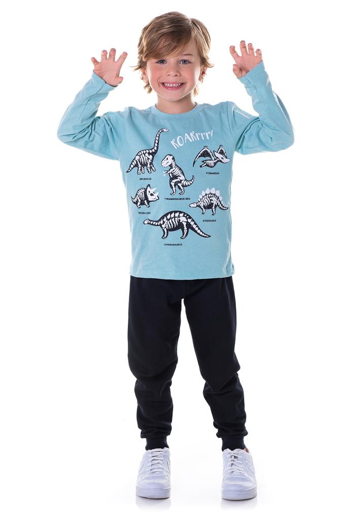 Conjunto Moletom Dino Camiseta Malha Verde C/ Calça Preta