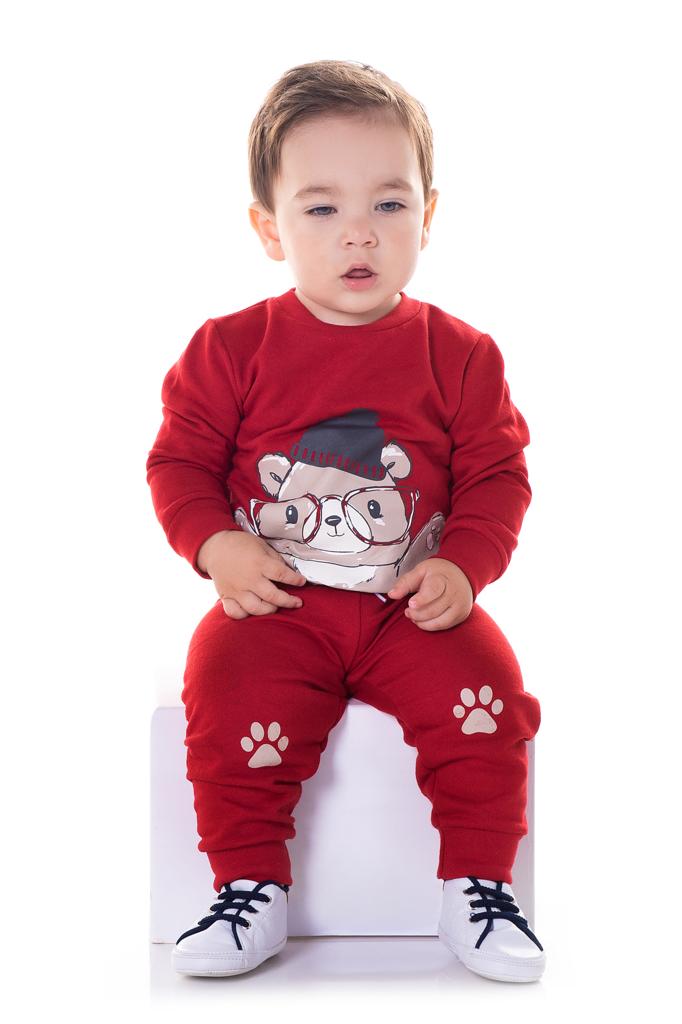 Conjunto Moletom Infantil Blusa e Calça Vermelho Ursinho