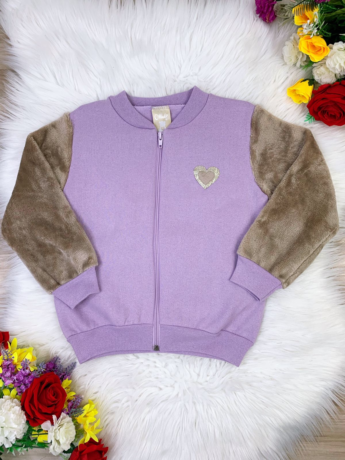 Blusa de Moletom Com Zíper Lilás Manga Pelúcia Marfim