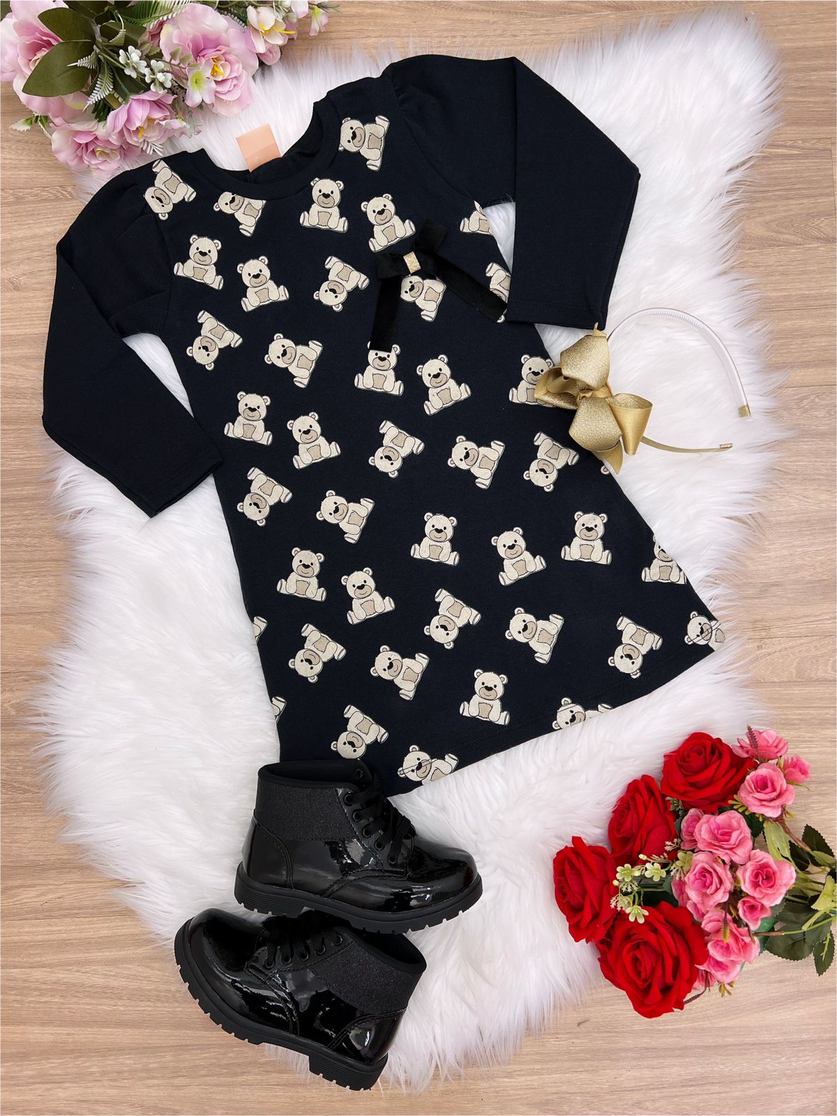 Vestido de Moletom Preto Ursinho 4-6-8