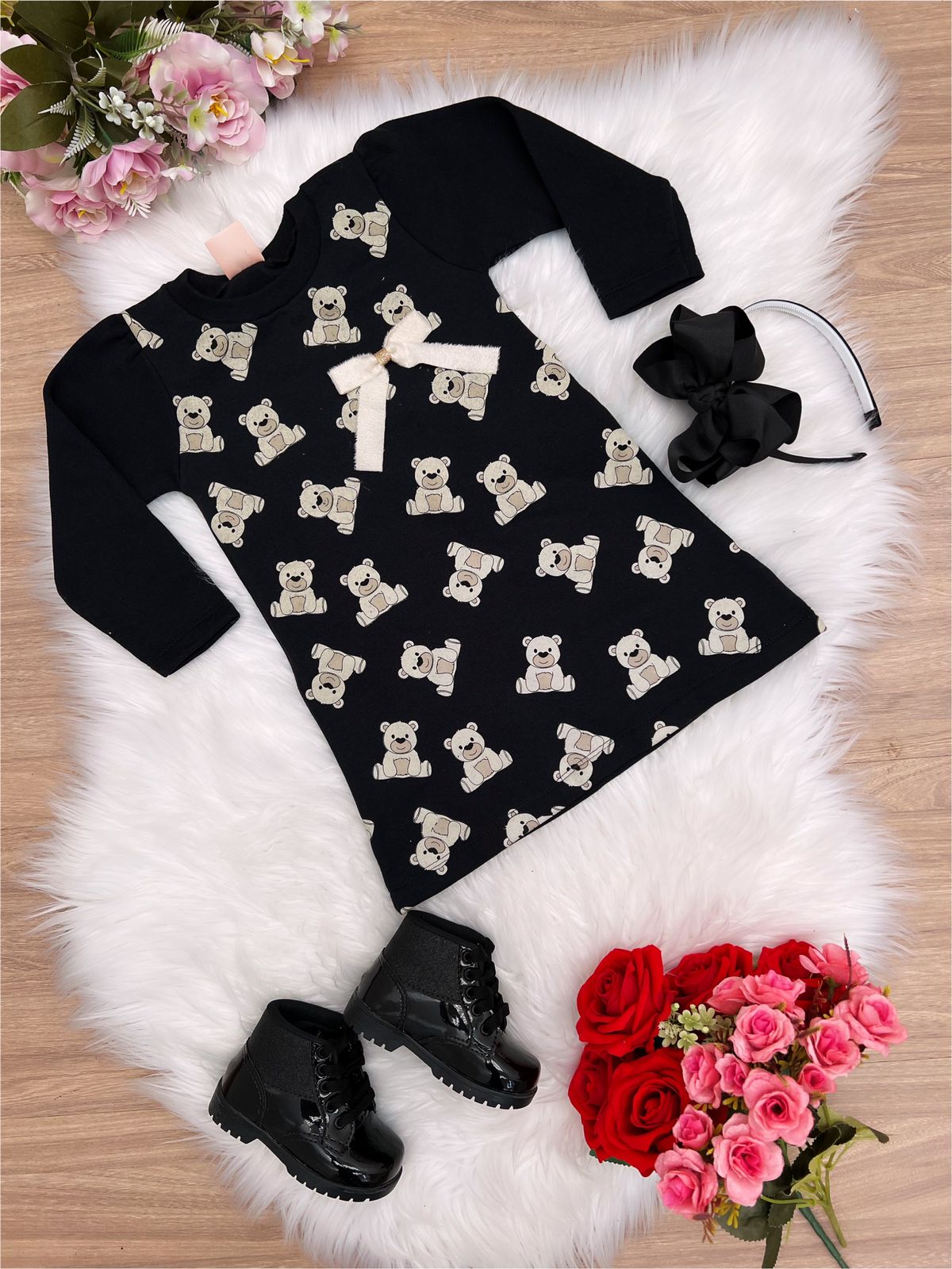 Vestido Moletom Preto Ursinho 1-2-3