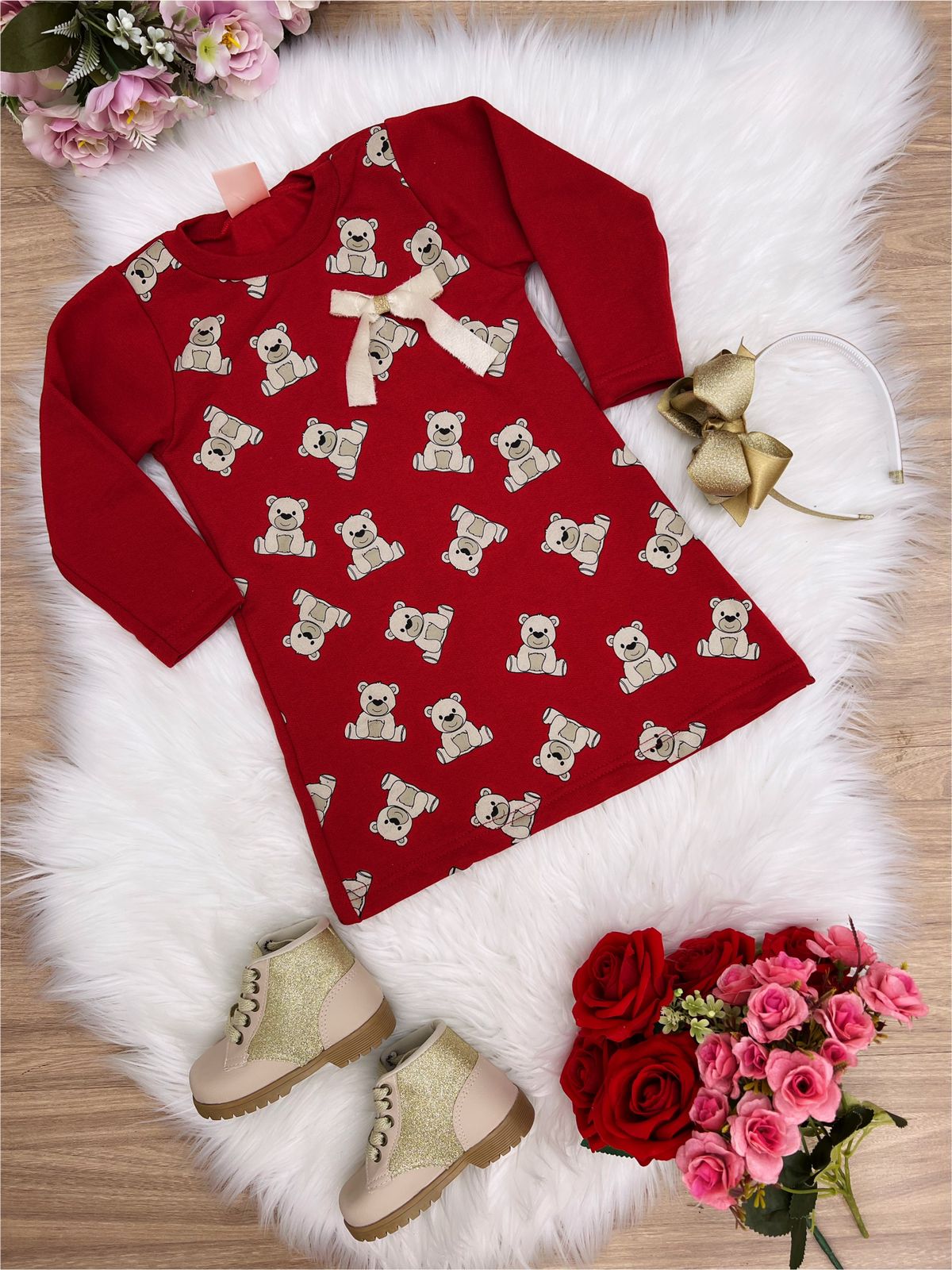 Vestido Moletom Vermelho Ursinho 1-2-3