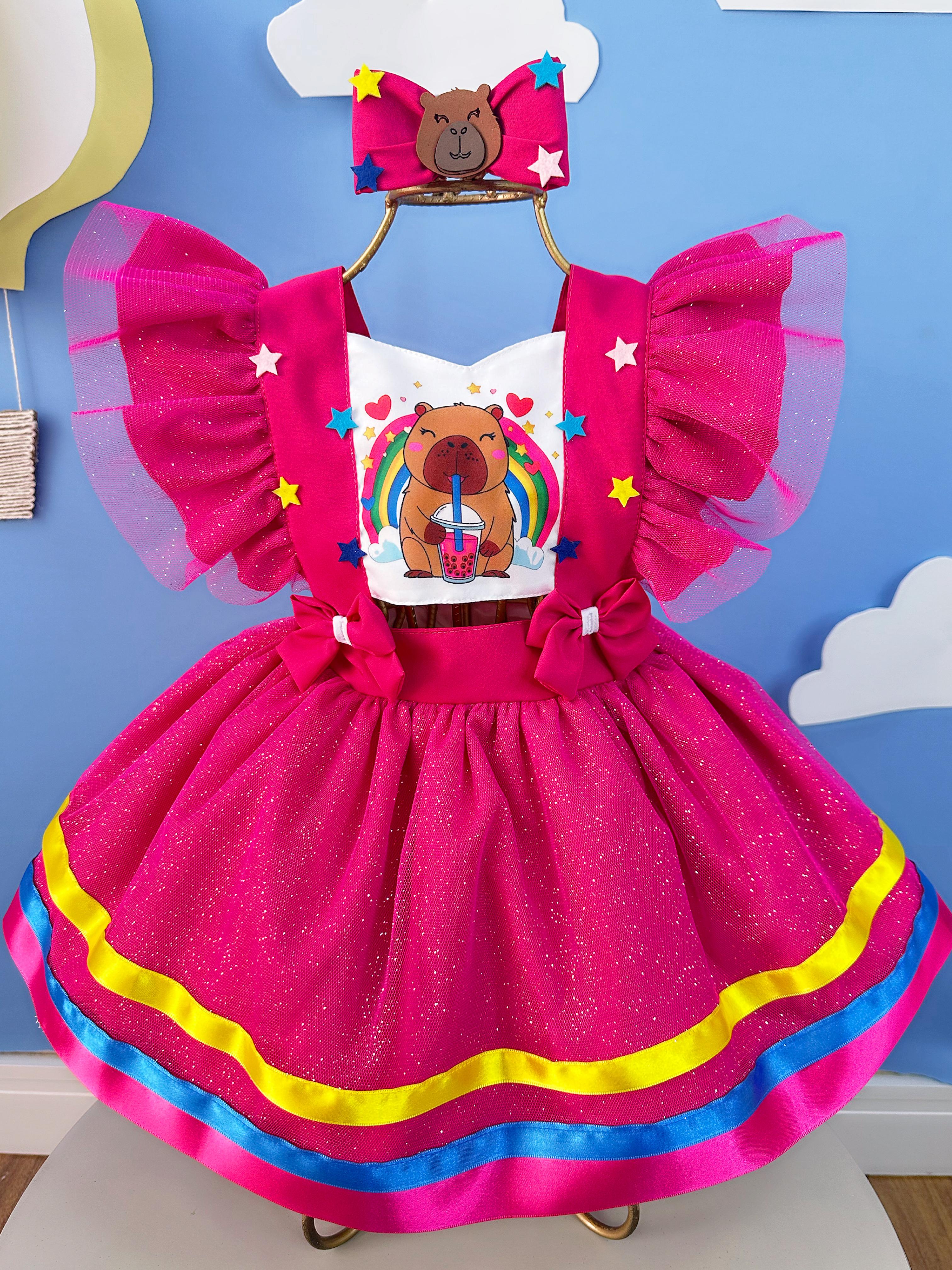 Romper Capivara Milk Shake Pink C/ Laço Festas Luxo
