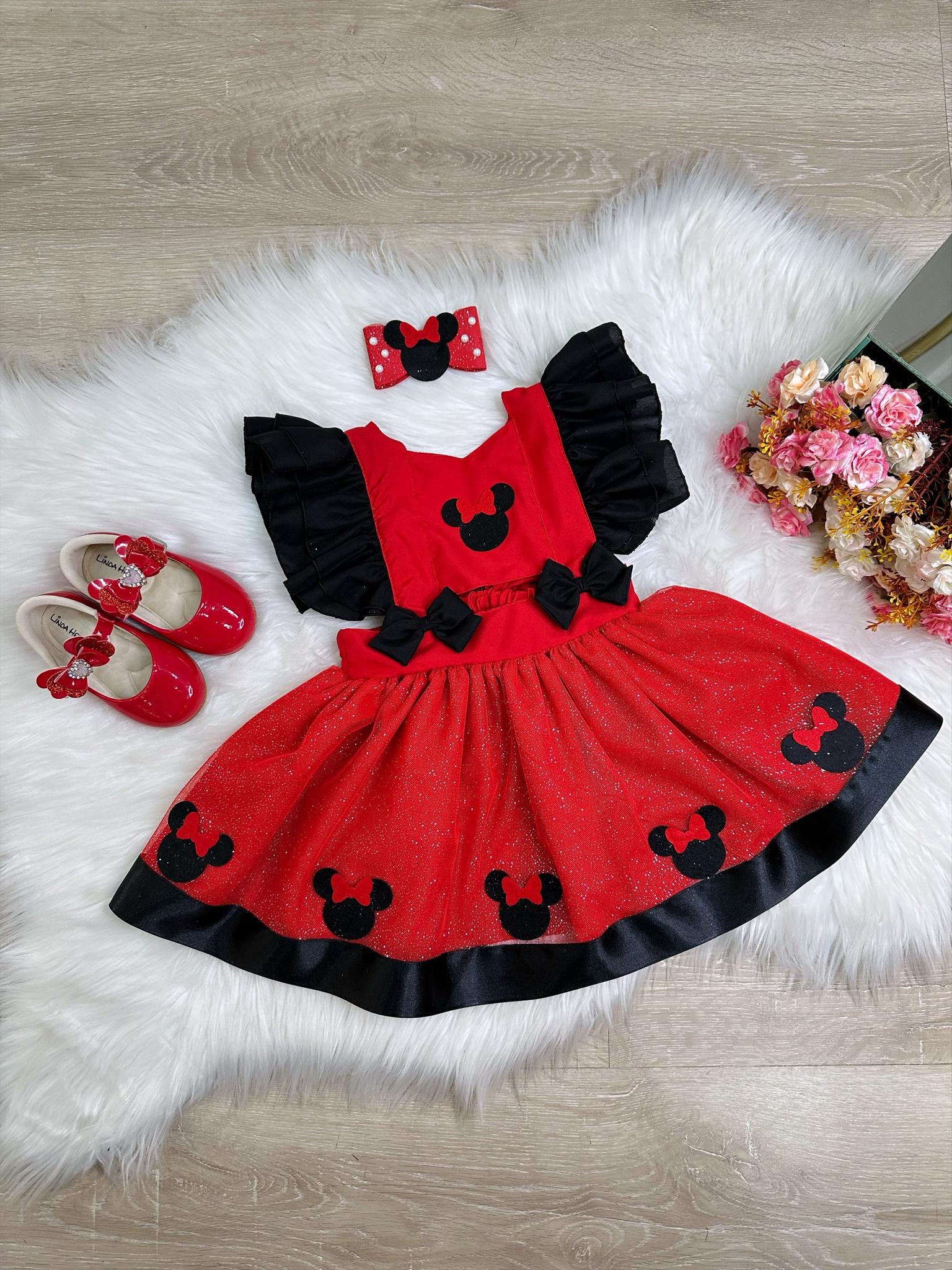 Romper da Minnie Vermelha Com Laço e Saia Glitter Luxo