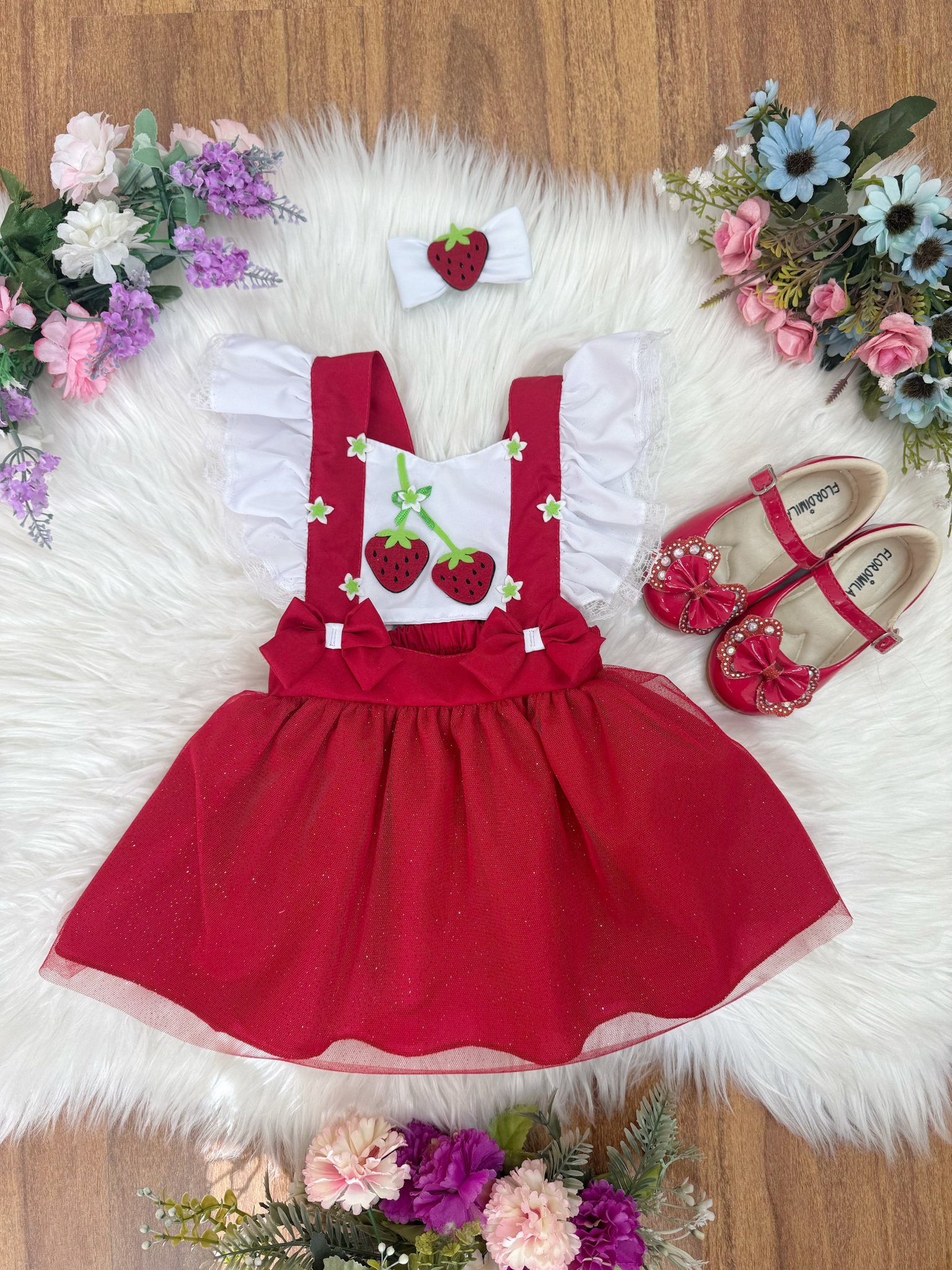 Romper da Moranguinho Com Laço Luxo Tamanho:Unico;Cor: Vermelho e Branco