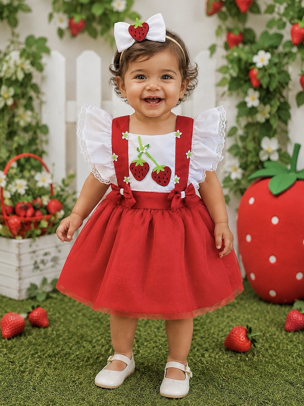 Romper da Moranguinho Com Laço Luxo Tamanho:Unico;Cor: Vermelho e Branco