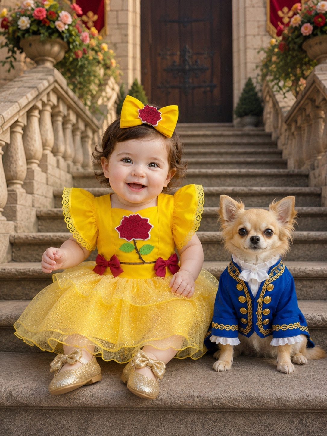 Romper Infantil Temático Princesa Bela Amarelo C/ Laço de Cabelo