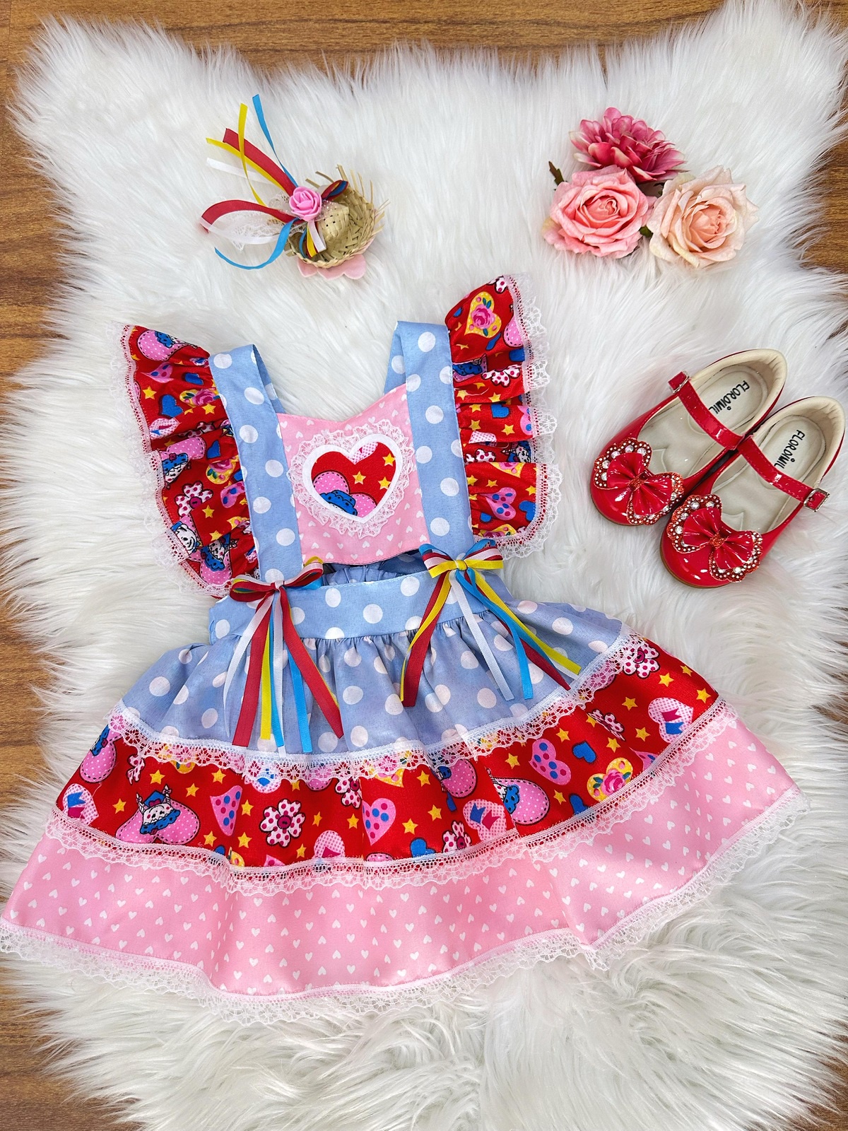 Romper Junino Azul Colorido Com Laço de Chapéuzinho