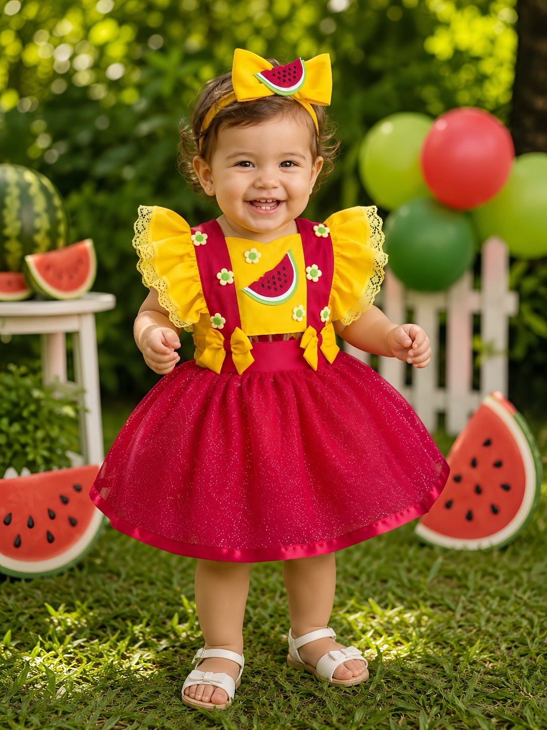 Romper Melancia Amarelo e Vermelho com Laço Luxo