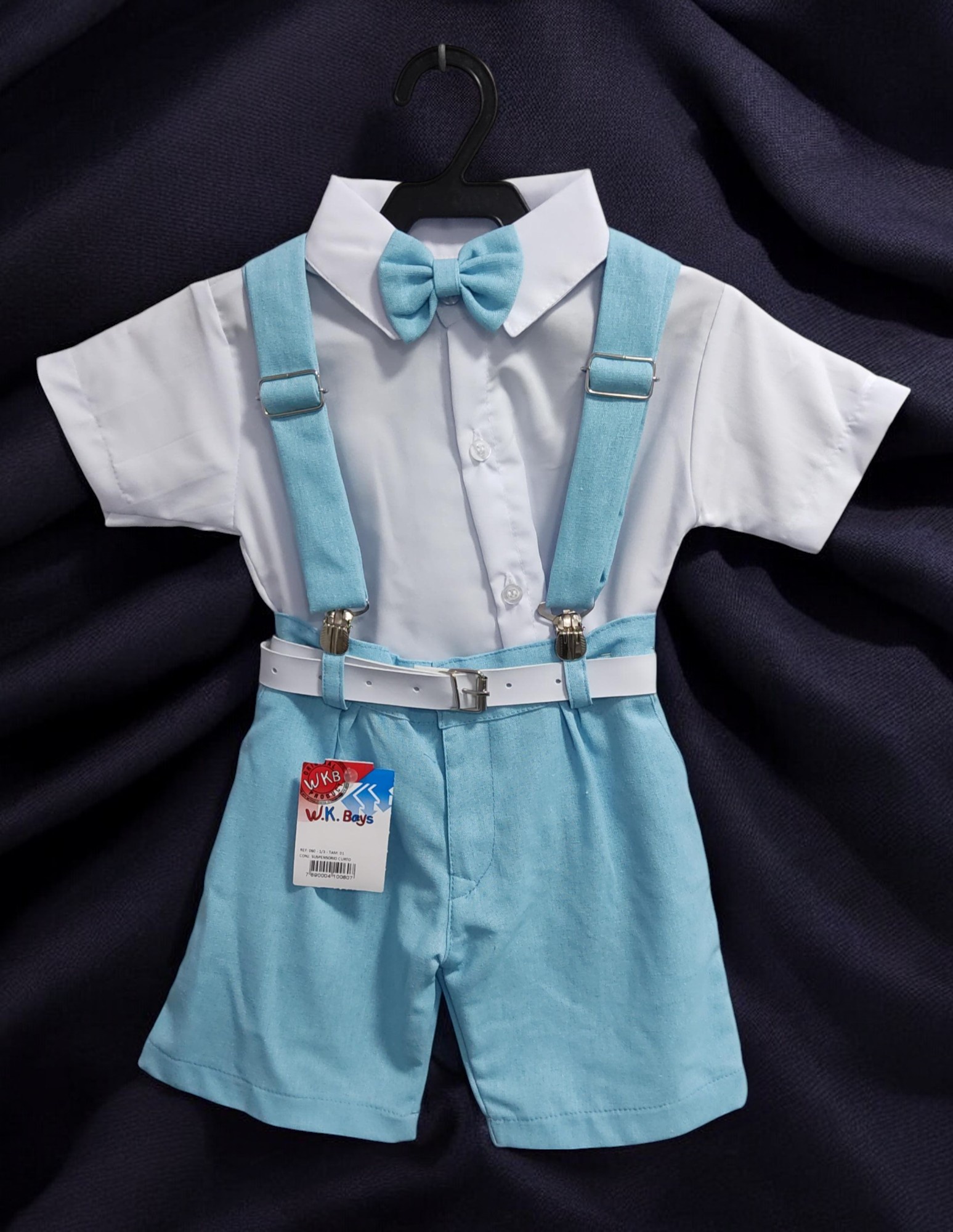 Conjunto Infantil Camisa Branca C/ Short Susp. e Gravata Azul