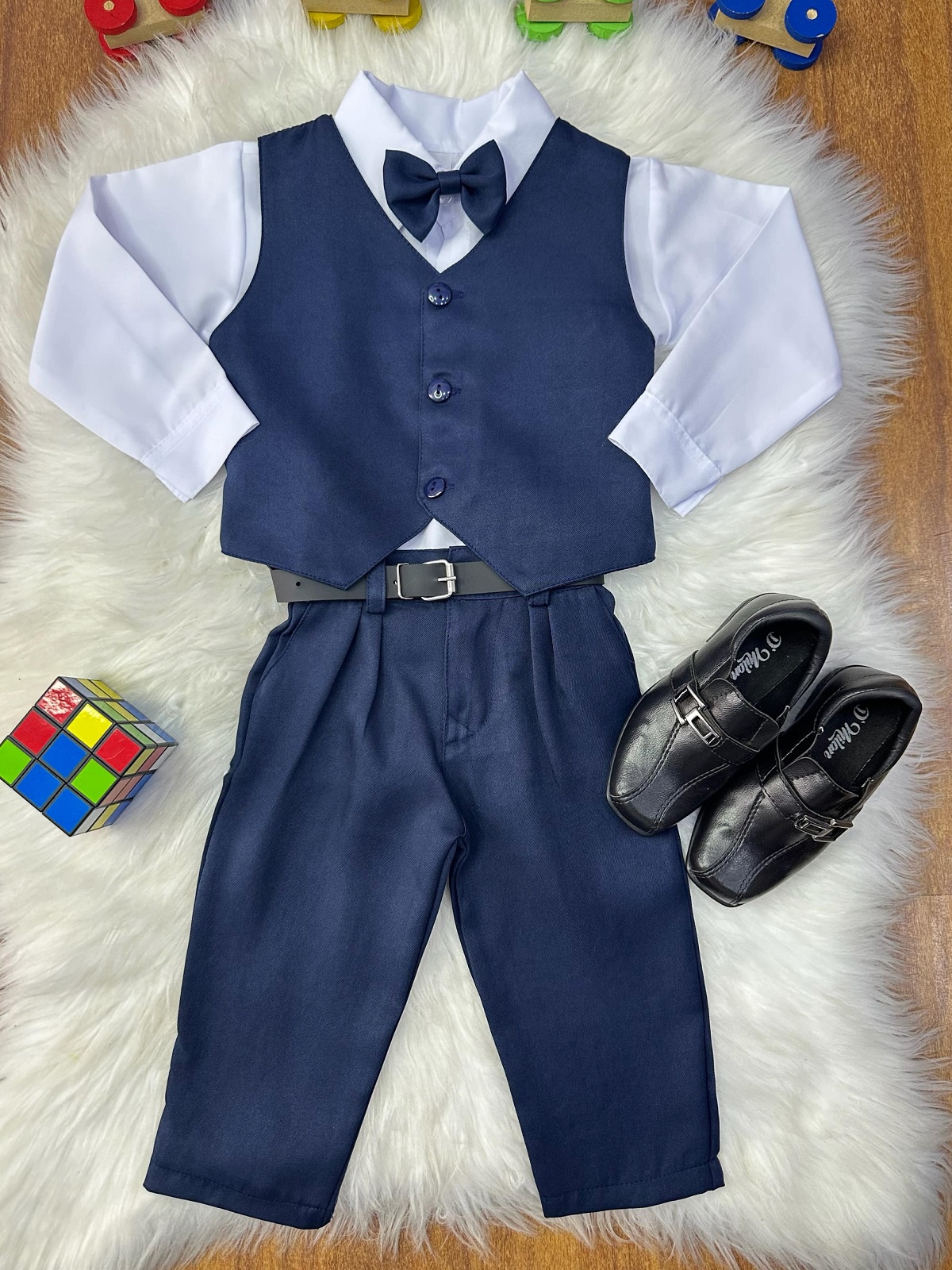 Conjunto Infantil Camisa Branca Calça Colete Azul Marinho