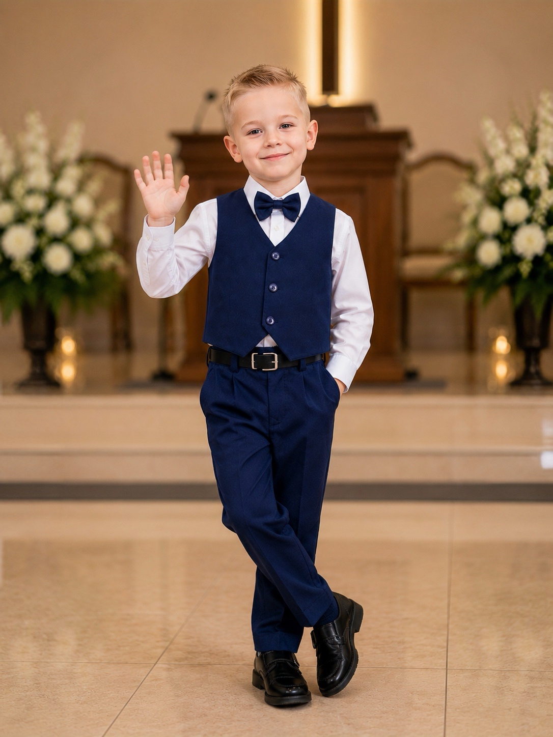 Conjunto Infantil Camisa Branca Calça Colete Azul Marinho