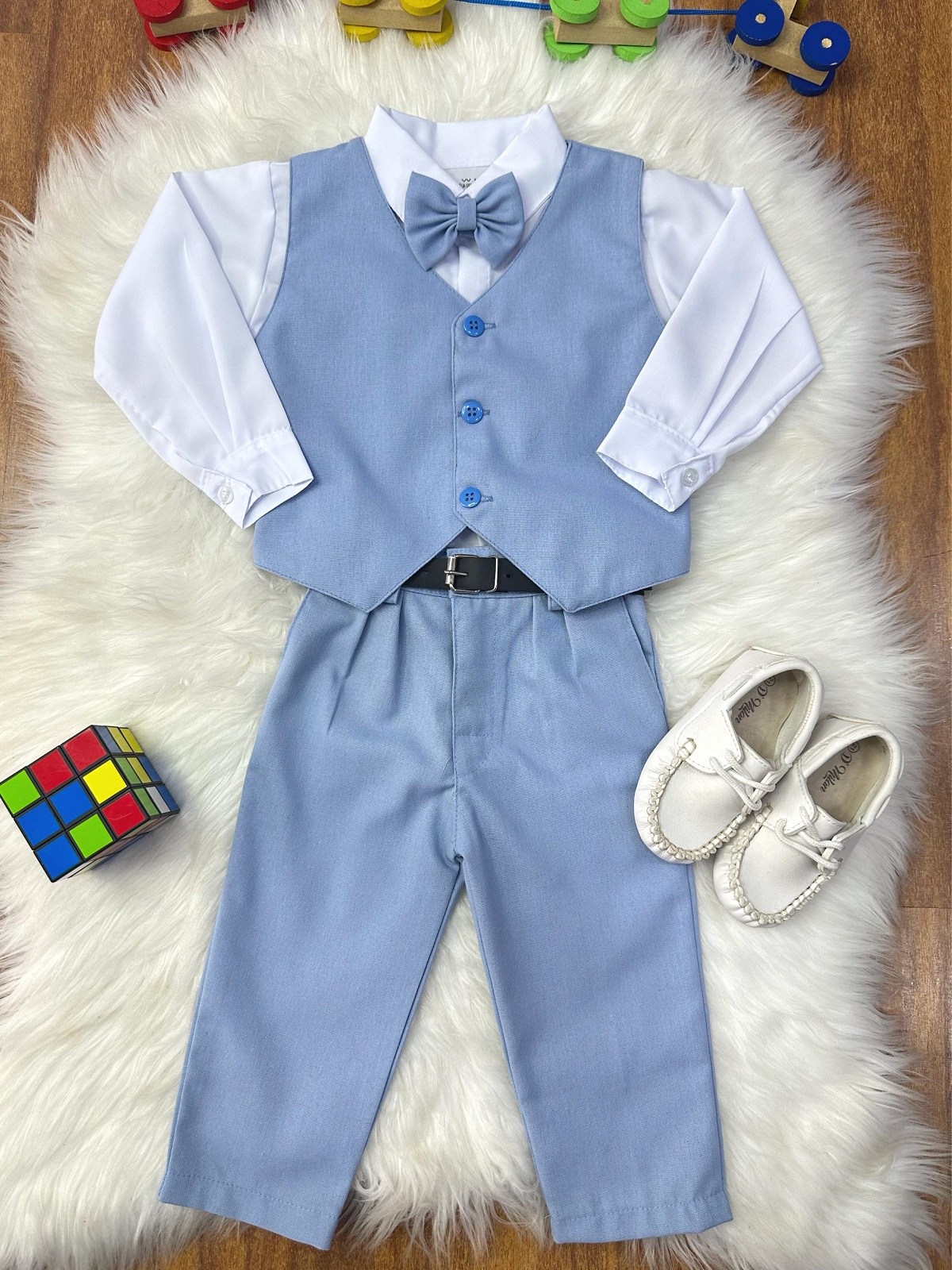 Conjunto Infantil Camisa Branca Calça Colete Gravata Azul Claro