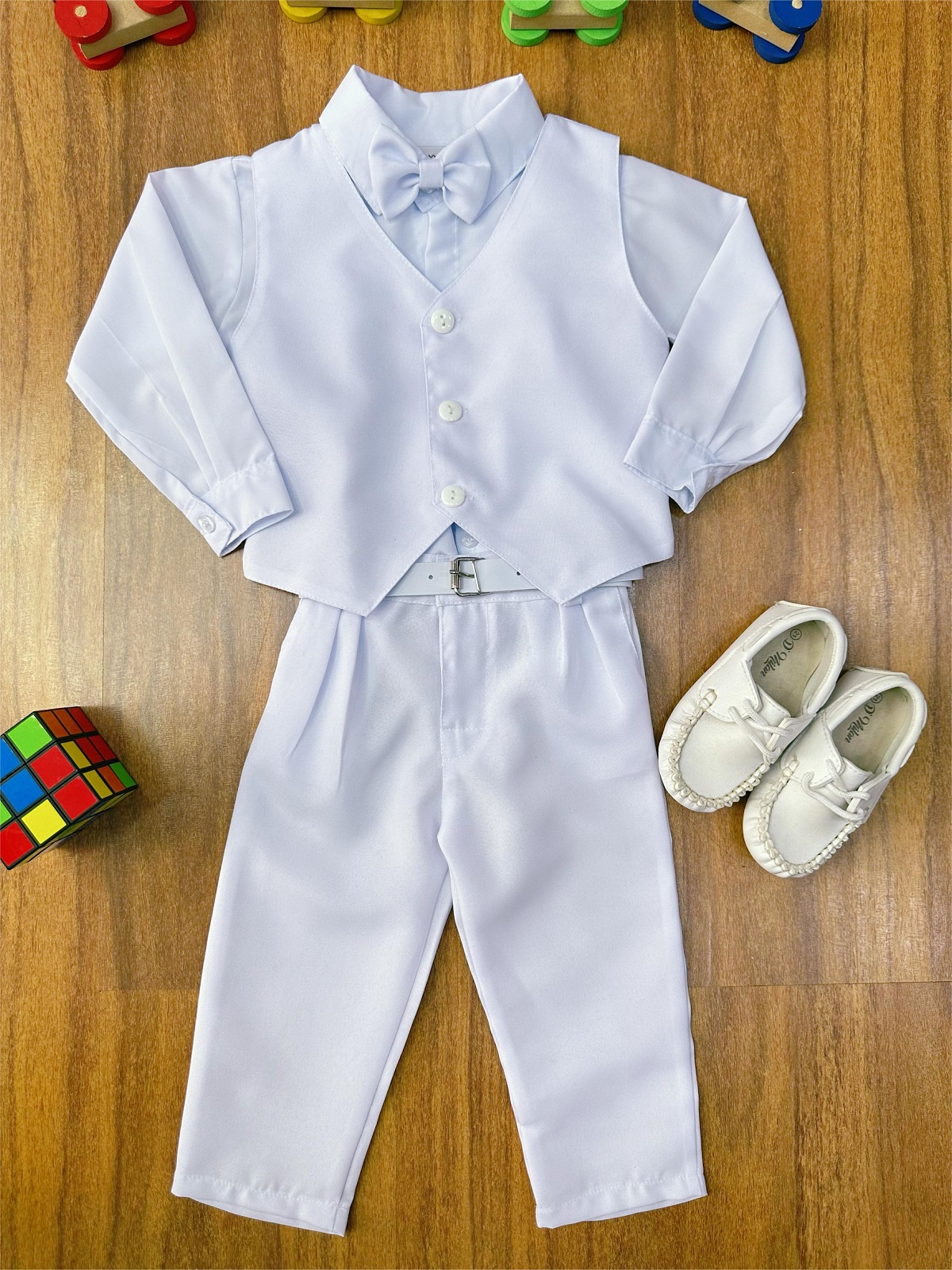Conjunto Infantil Camisa Calça Colete e Gravata Branco