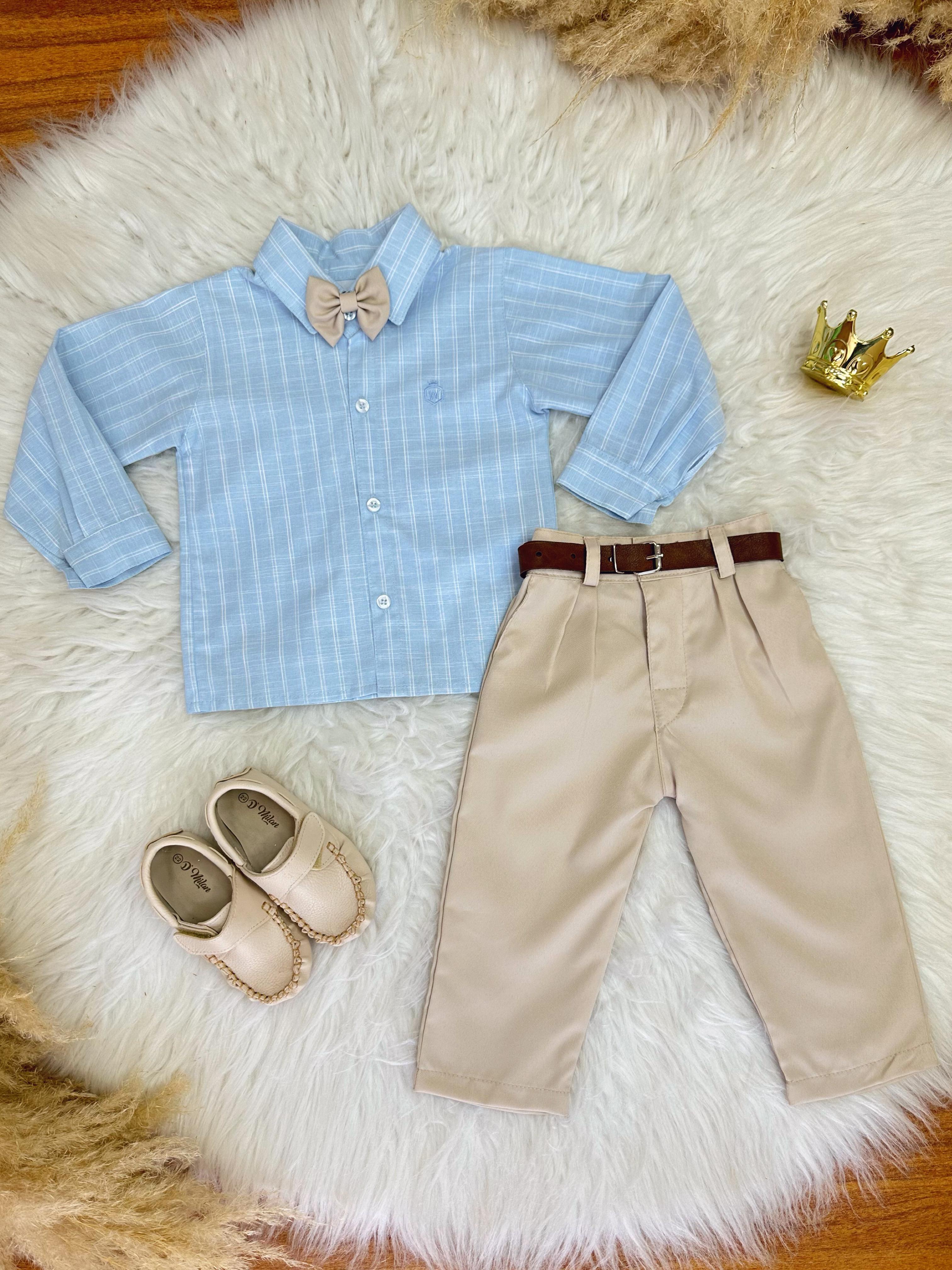 Conjunto Infantil Camisa Listrada Azul e Calça Bege Cinto