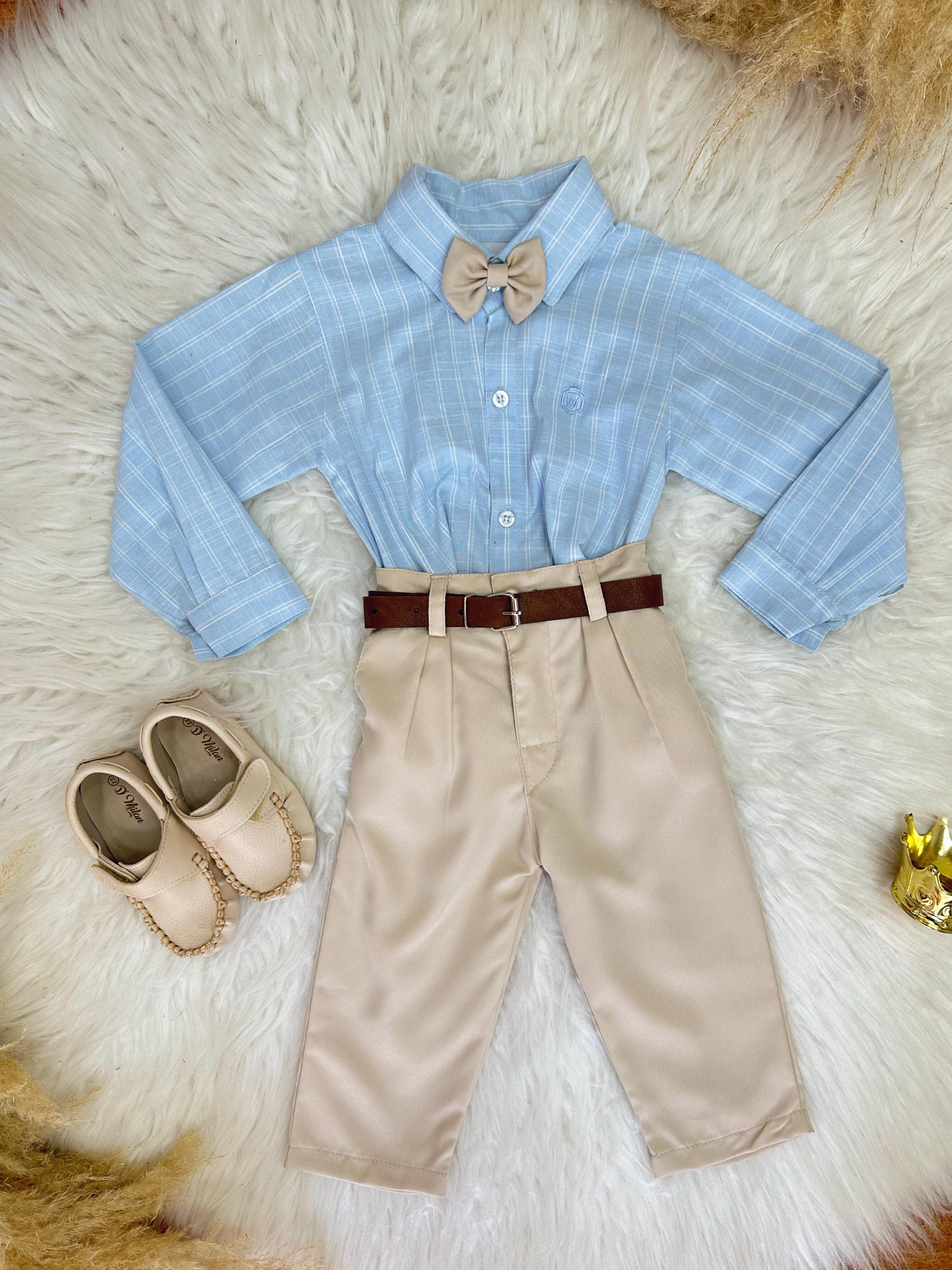 Conjunto Infantil Camisa Listrada Azul e Calça Bege Cinto