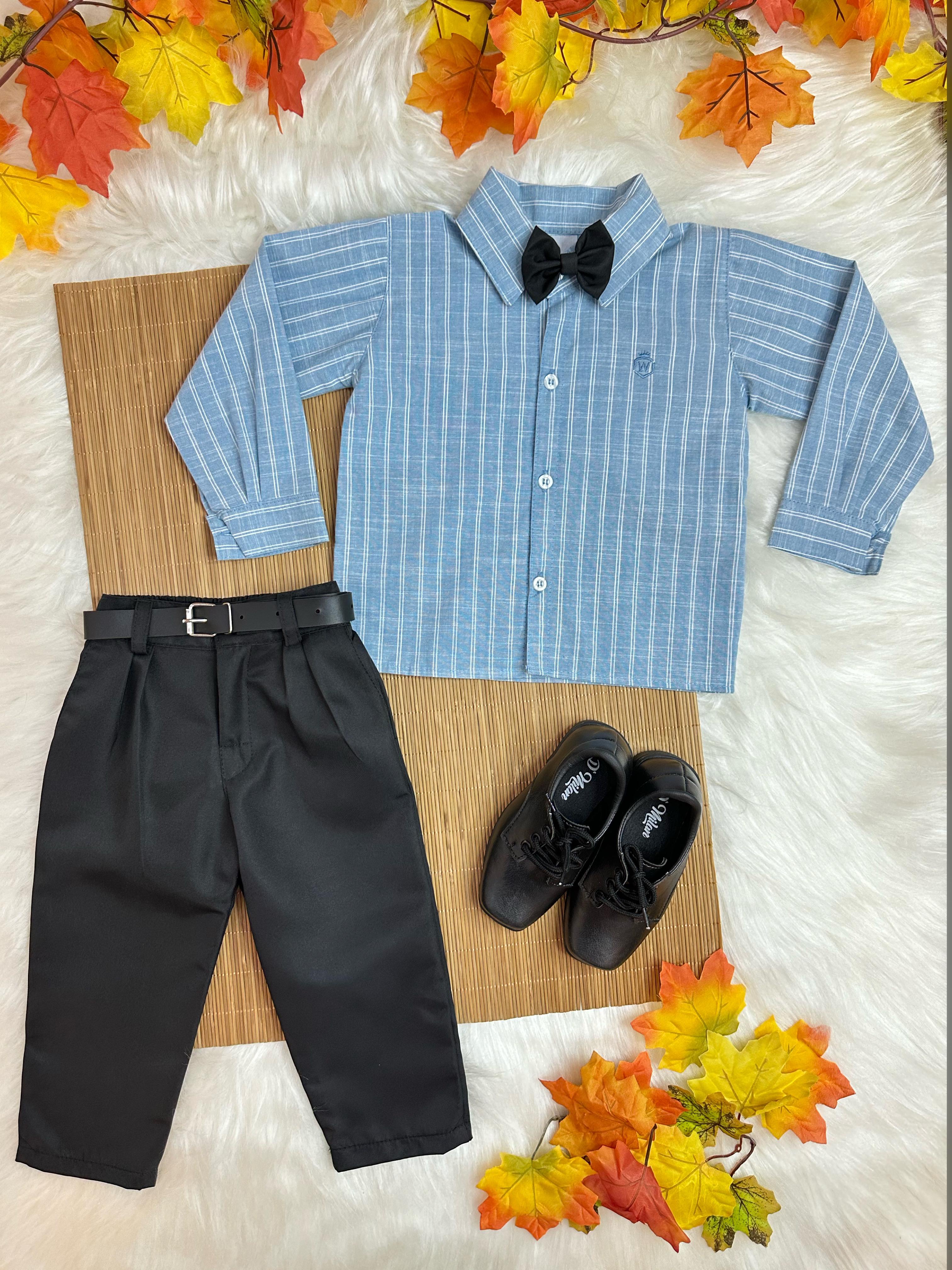 Conjunto Infantil Camisa Listrada Azul e Calça Preta Cinto