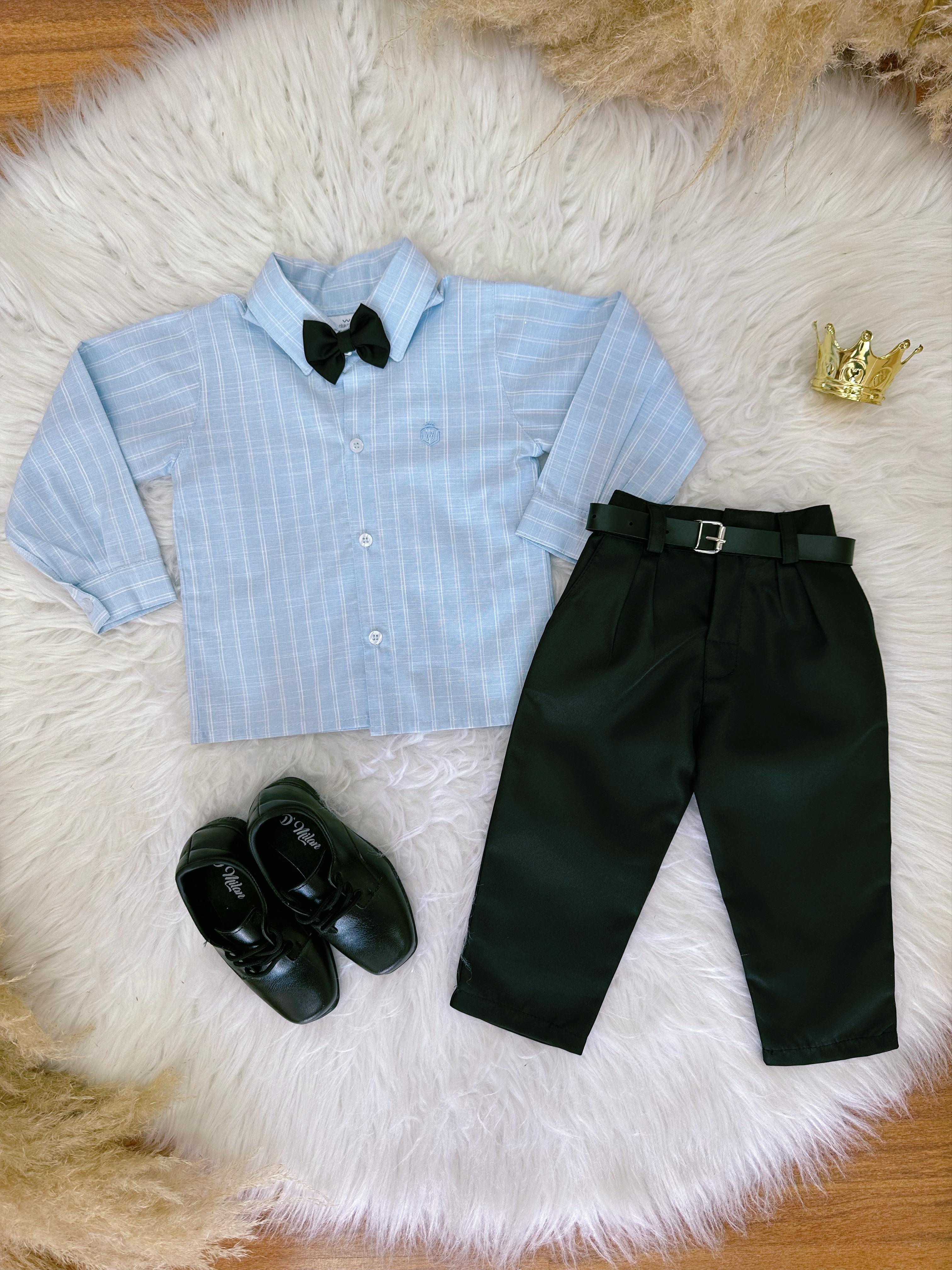 Conjunto Infantil Camisa Listrada Azul e Calça Preta Cinto 