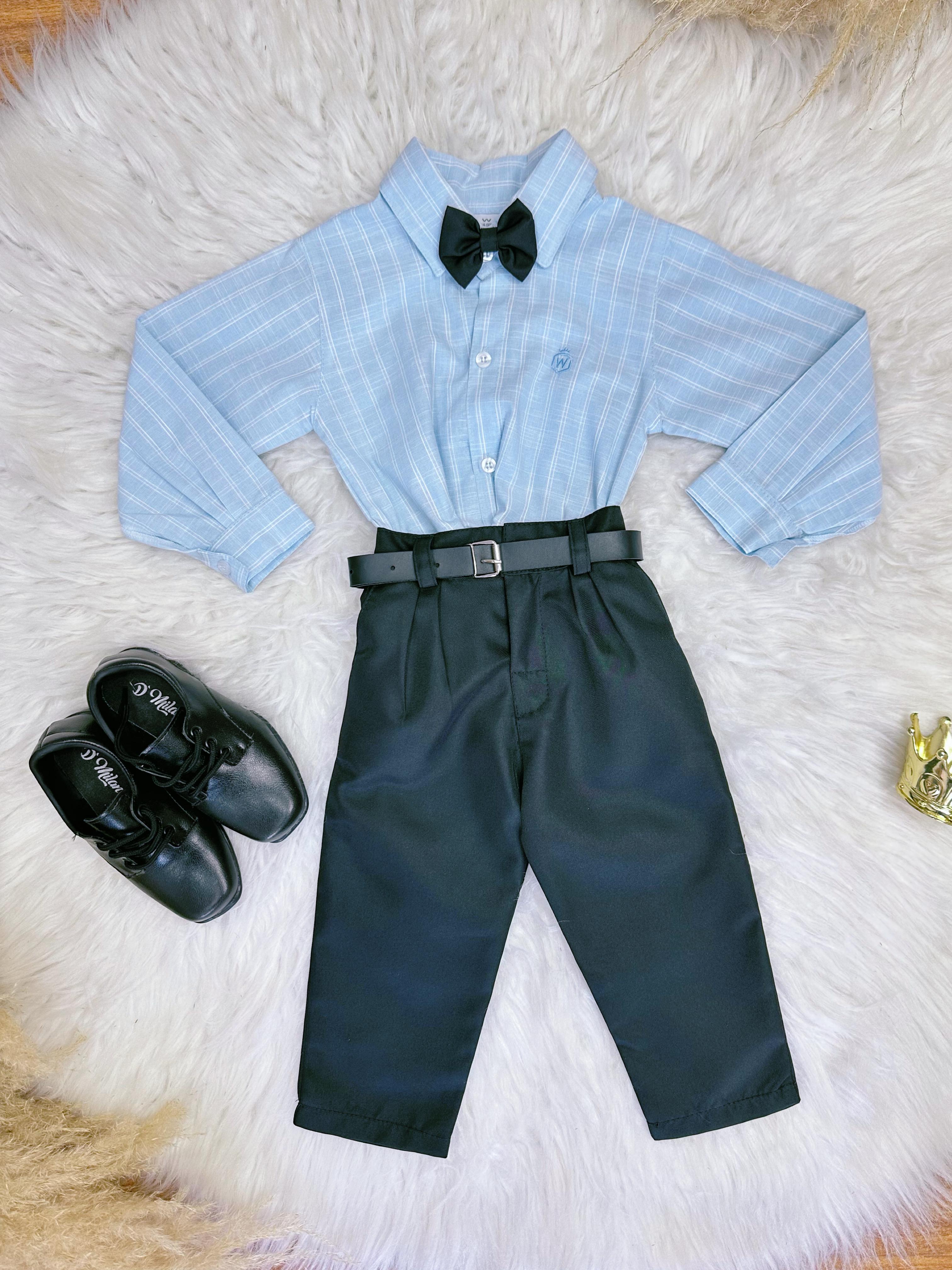 Conjunto Infantil Camisa Listrada Azul e Calça Preta Cinto 