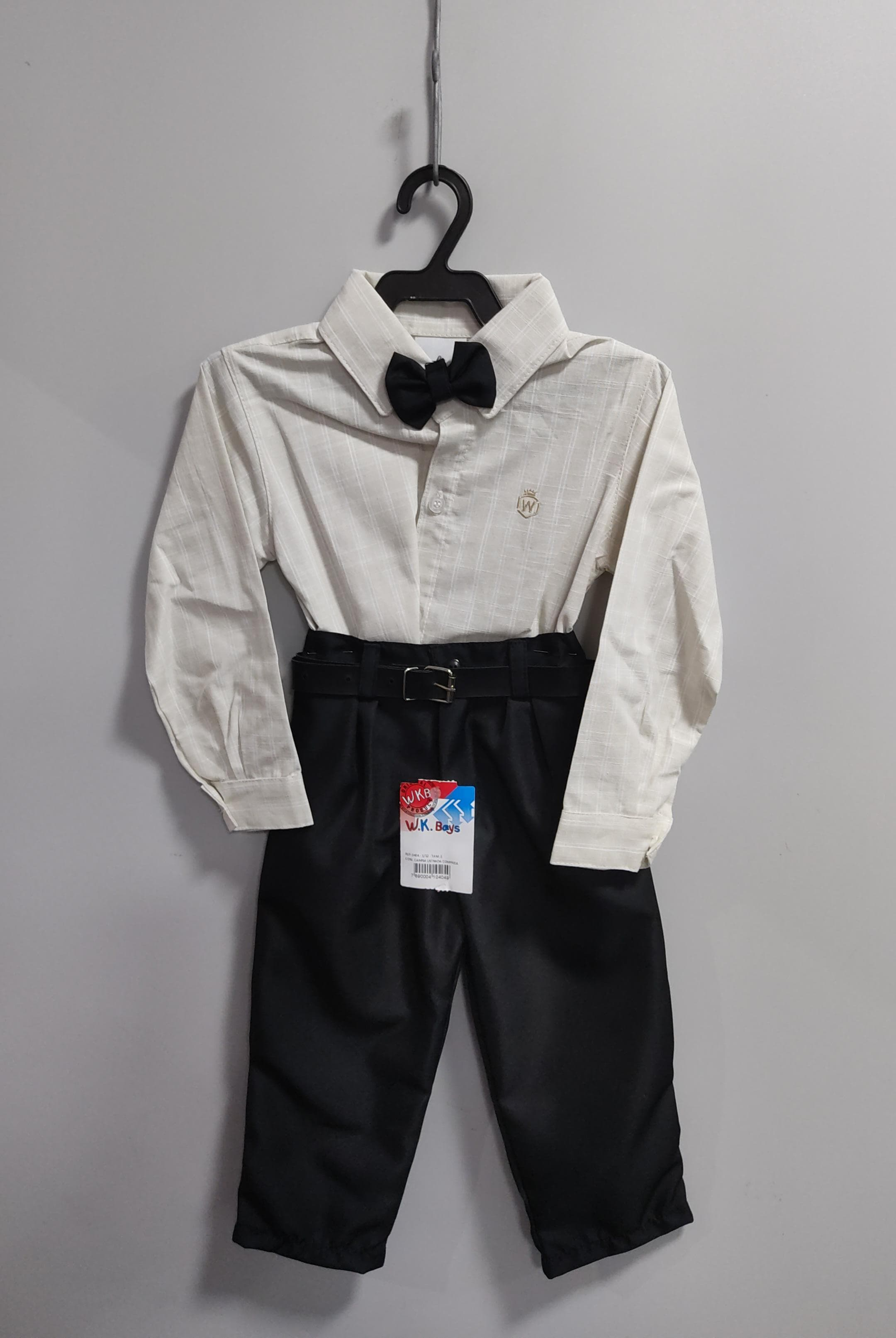 Conjunto Infantil Camisa Listrada Marfim e Calça Preta Cinto