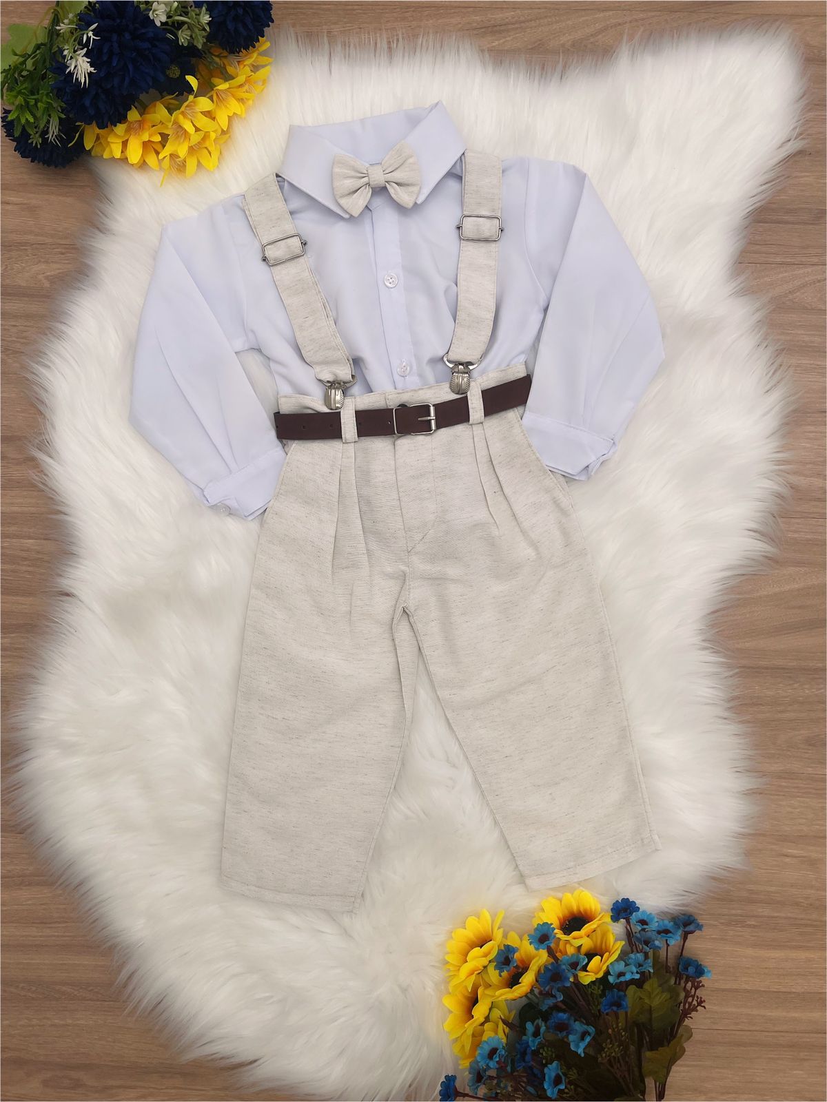 Conjunto Infantil Suspensório Cinto Gravata Branco Bege