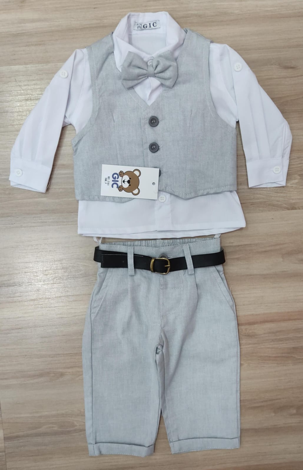 Conjunto Social Bebê Calça Colete Cinza Claro e Camisa Branca