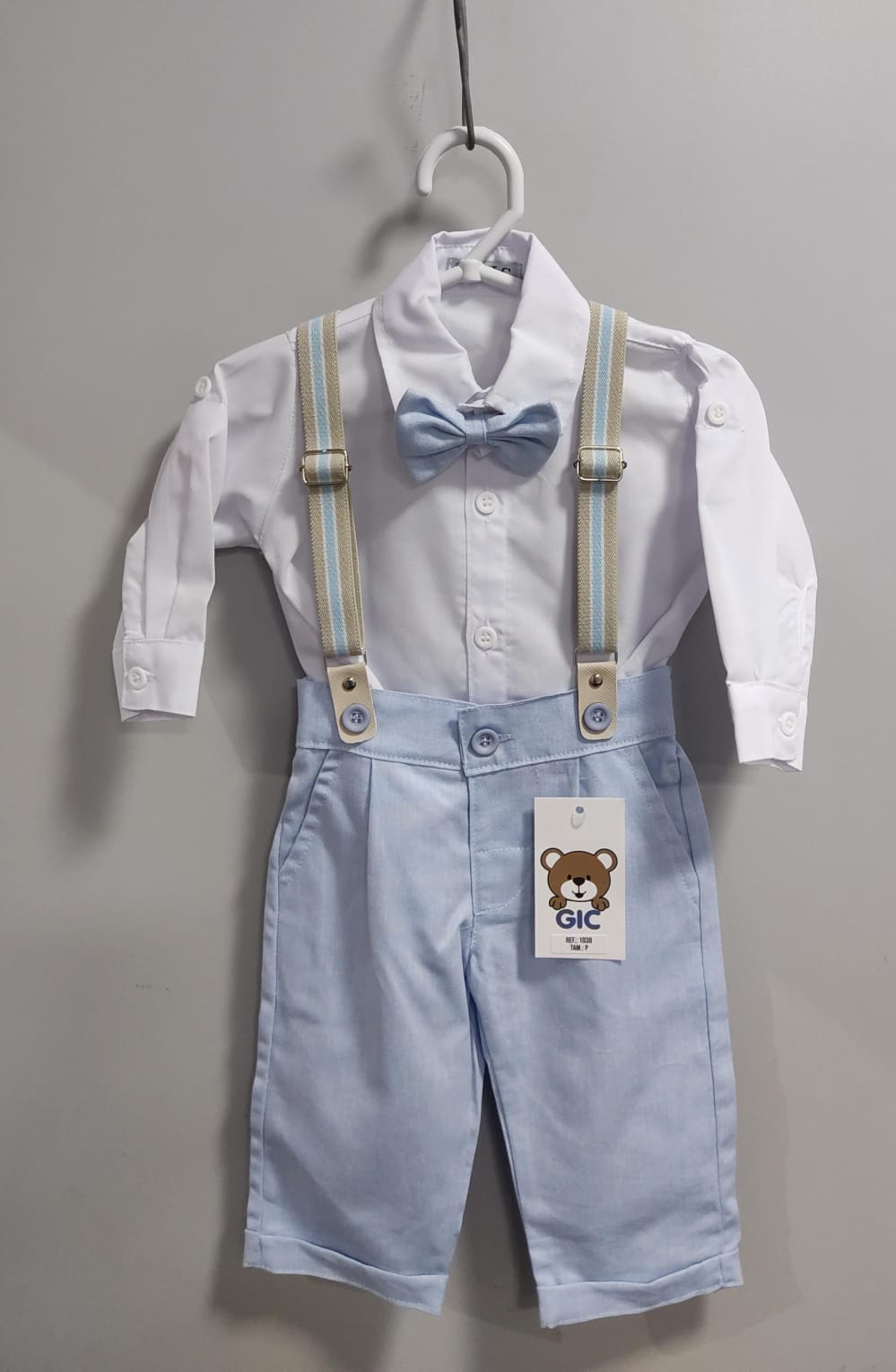 Conjunto Social Bebê Calça Susp. Azul Claro e Camisa Branca