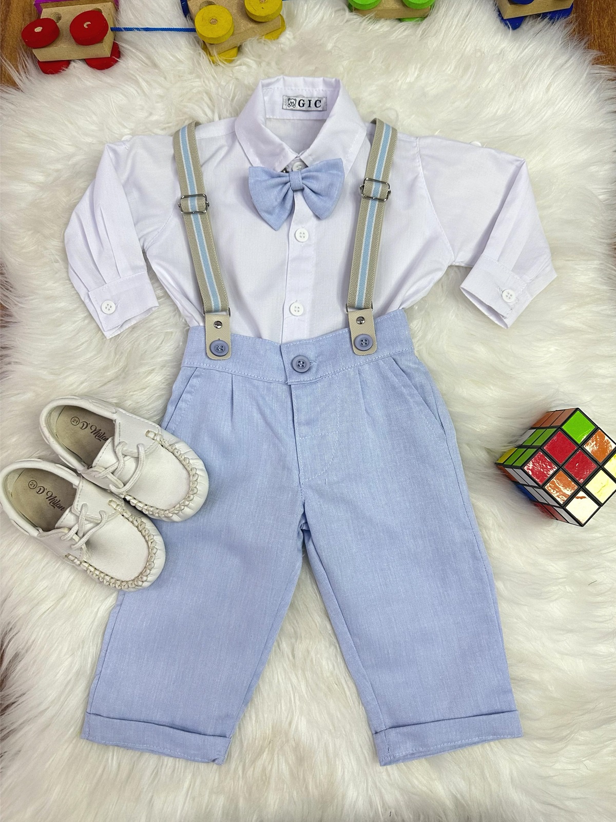 Conjunto Social Bebê Calça Susp. Azul Claro e Camisa Branca