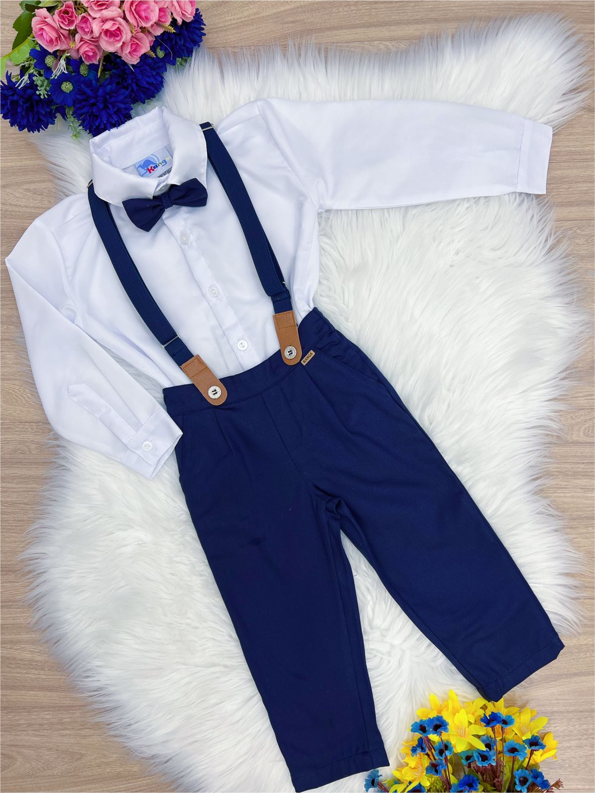 Conjunto Social Calça Camisa Gravata Susp. Azul Branco
