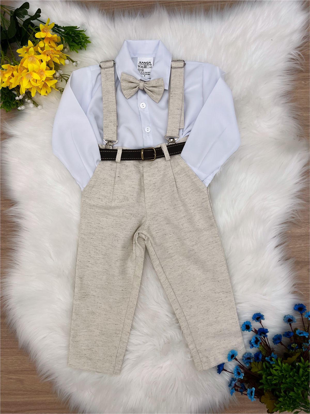 Conjunto Social Calça Camisa Gravata Susp Bege Claro