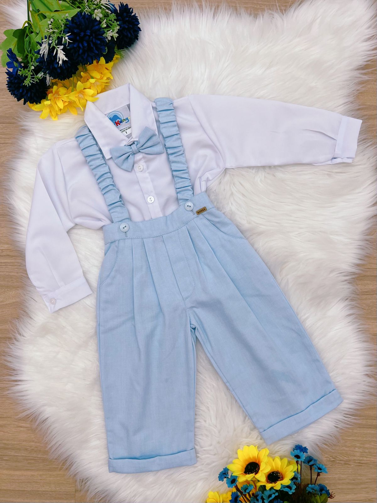 Conjunto Social Calça Camisa Gravata Suspensório Azul