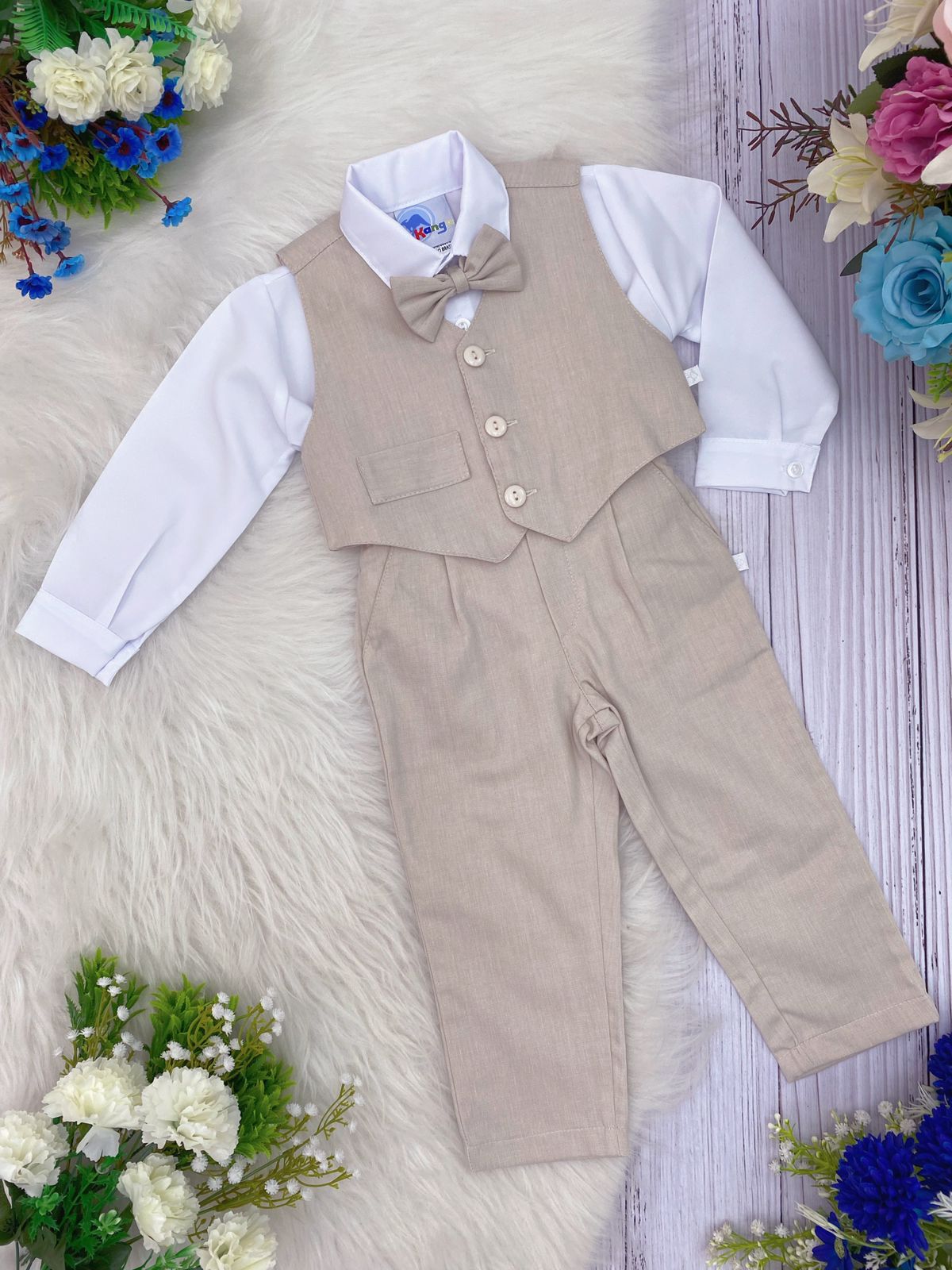 Conjunto Social Calça Colete Gravata Bege Camisa Branca