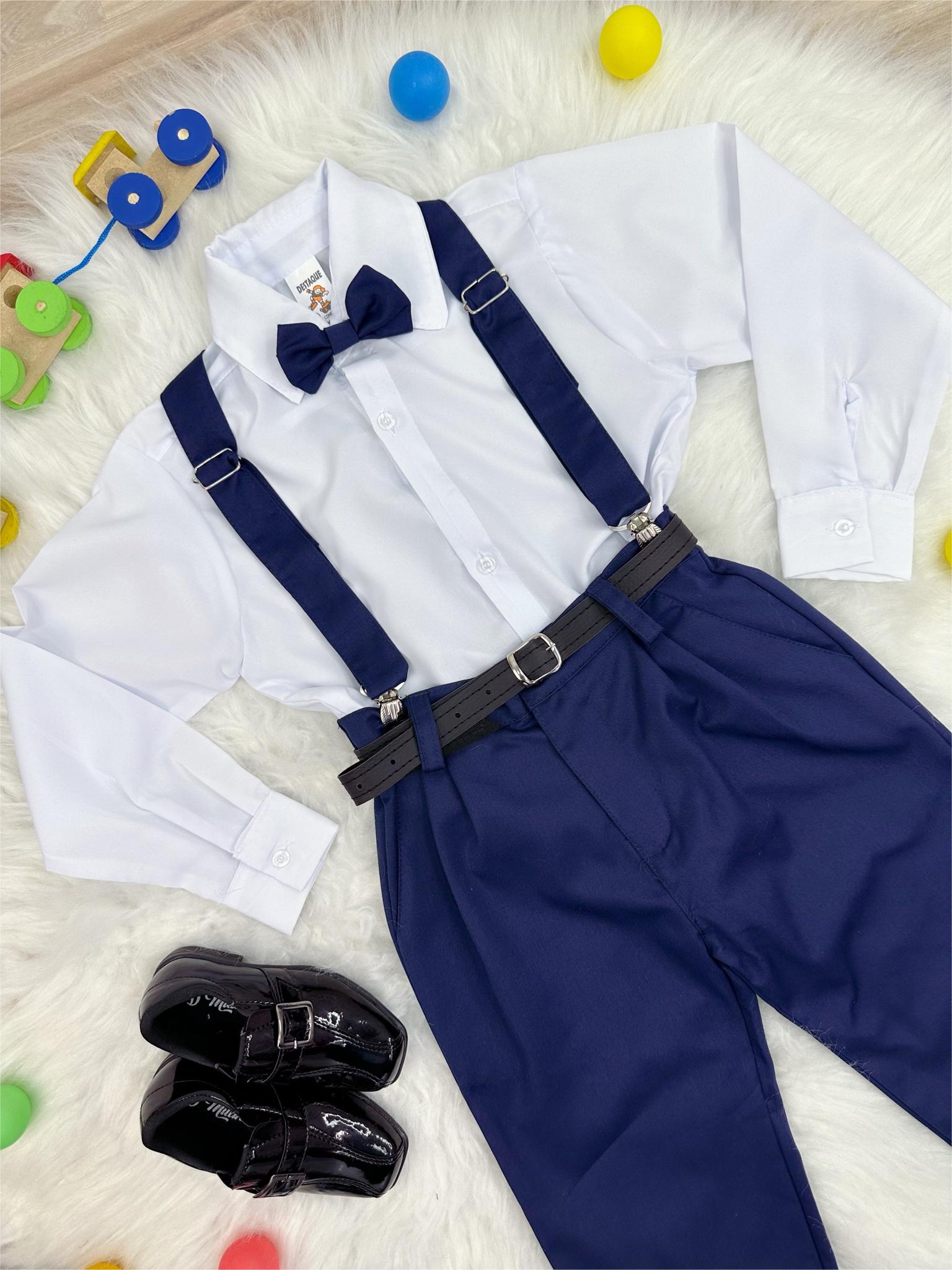 Conjunto Camisa Social Ou Body Branca Amsterdã Bermuda Social Colete E Gravata Borboleta Azul Marinho Linho Índigo Trend