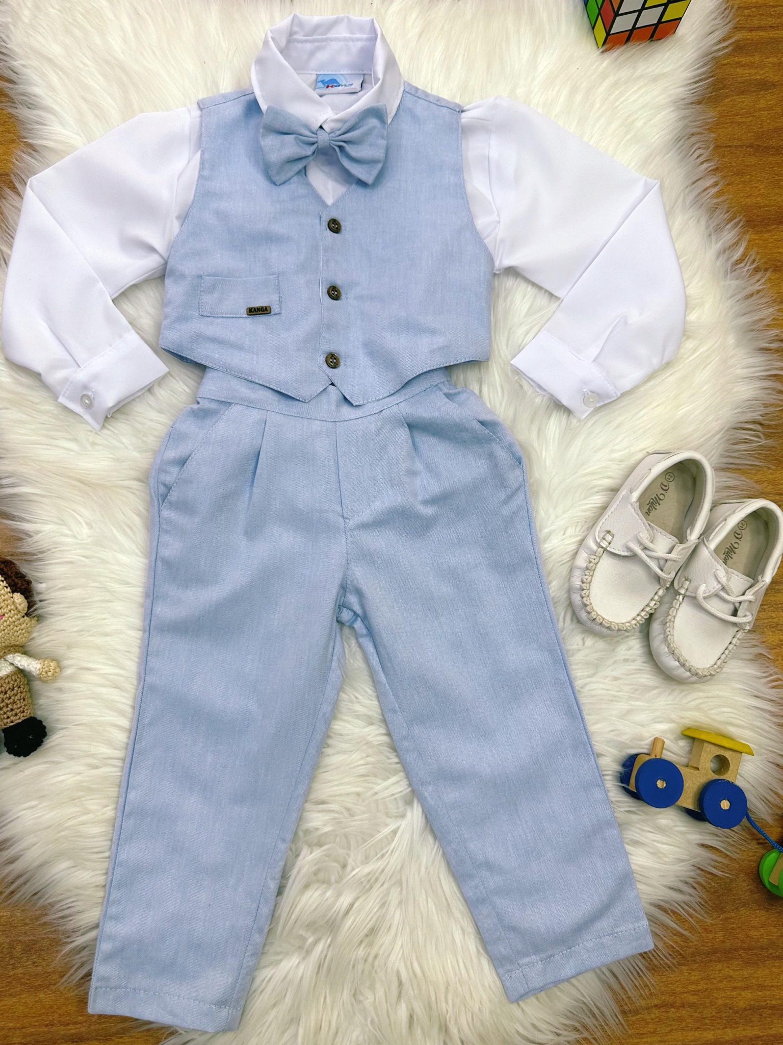 Conjunto Social Camisa Branca Calça e Colete Azul Claro