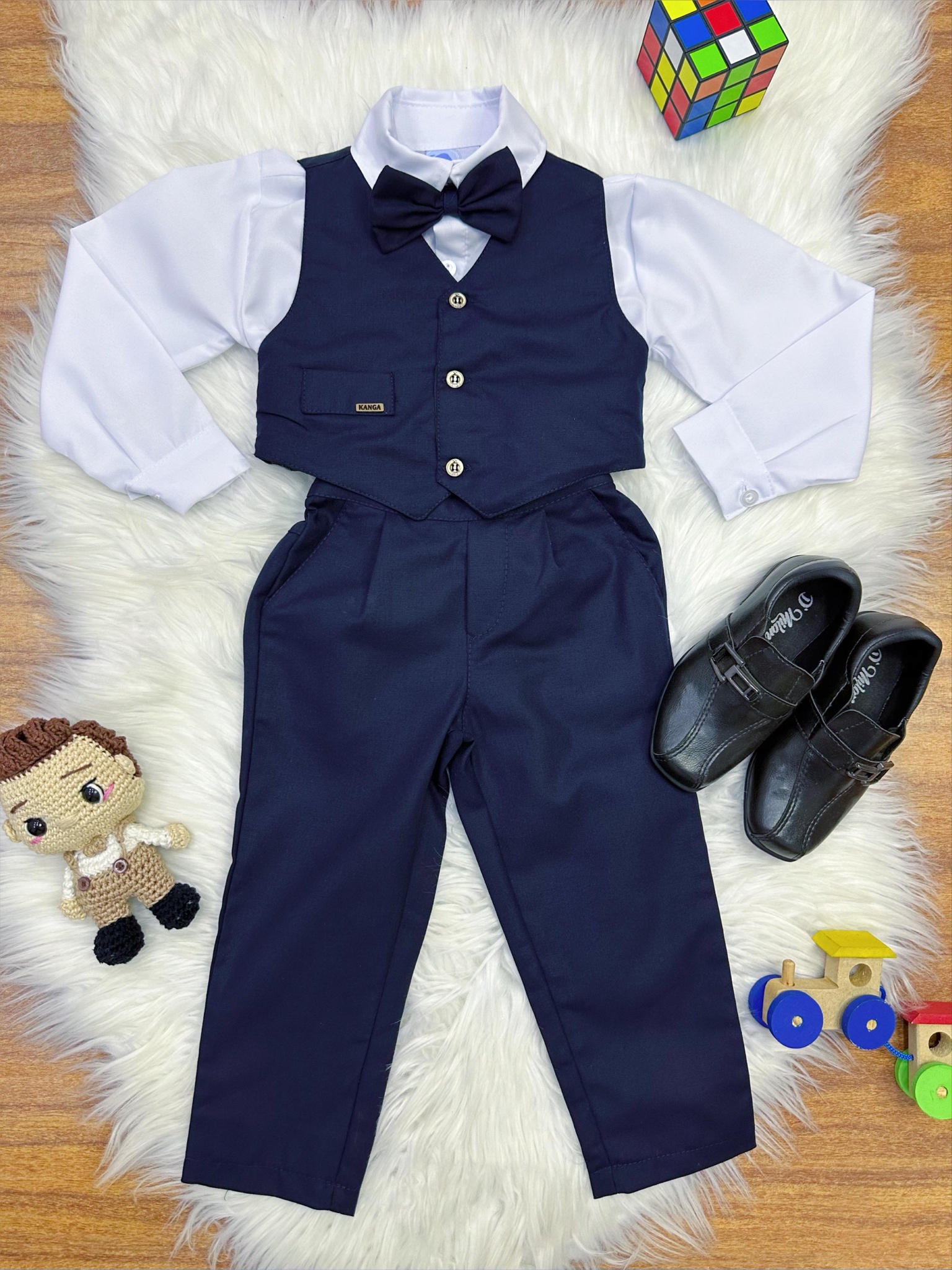 Conjunto Social Camisa Branca Calça e Colete Azul Marinho