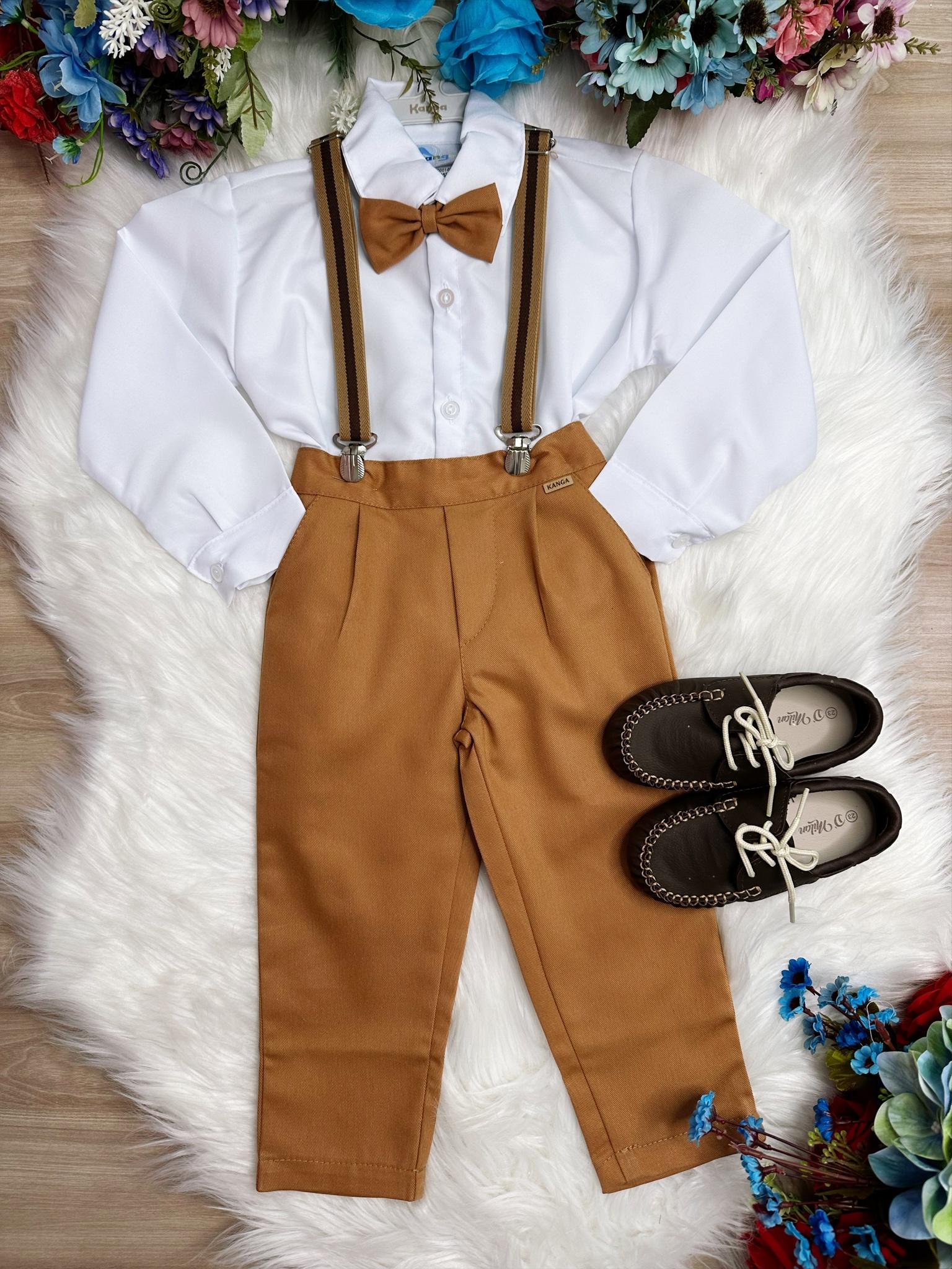 Conjunto Social Camisa Branco e Calça Gravata Susp. Caramelo