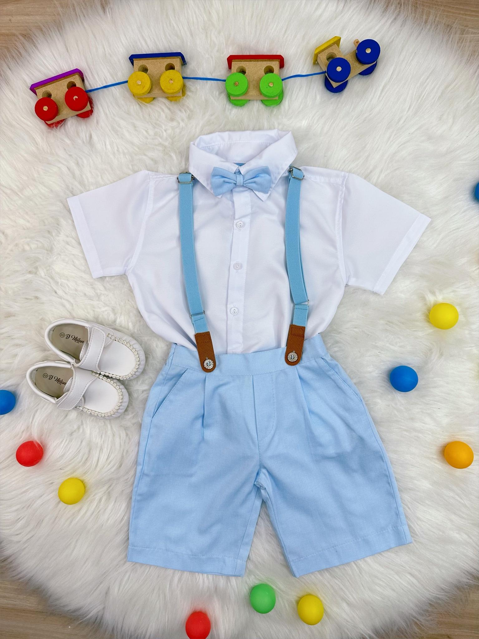 Conjunto Social Camisa Branco Short Gravata Susp. Azul Bebê
