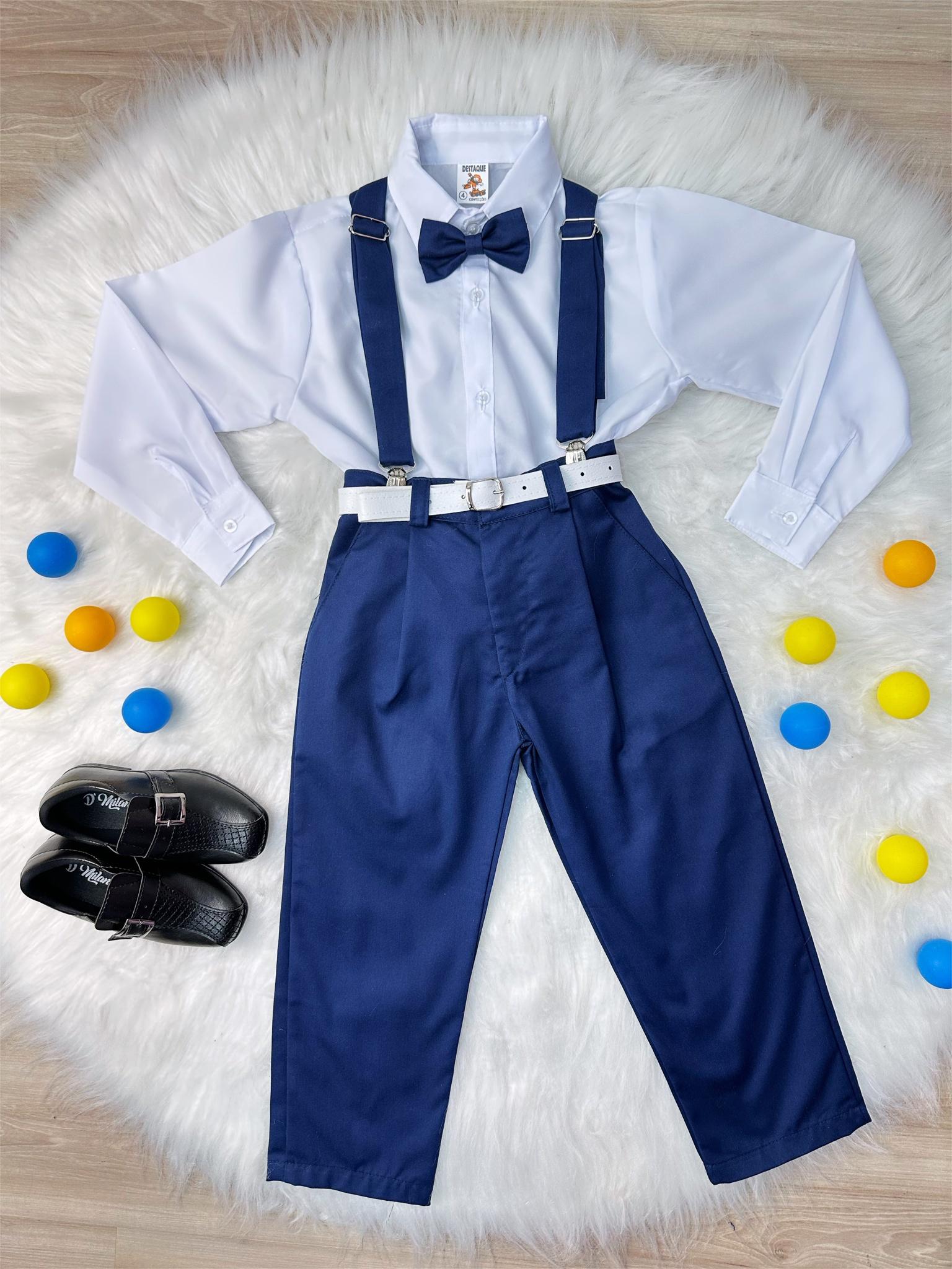 Conjunto Social Camisa Calça Gravata e Susp. Azul Marinho