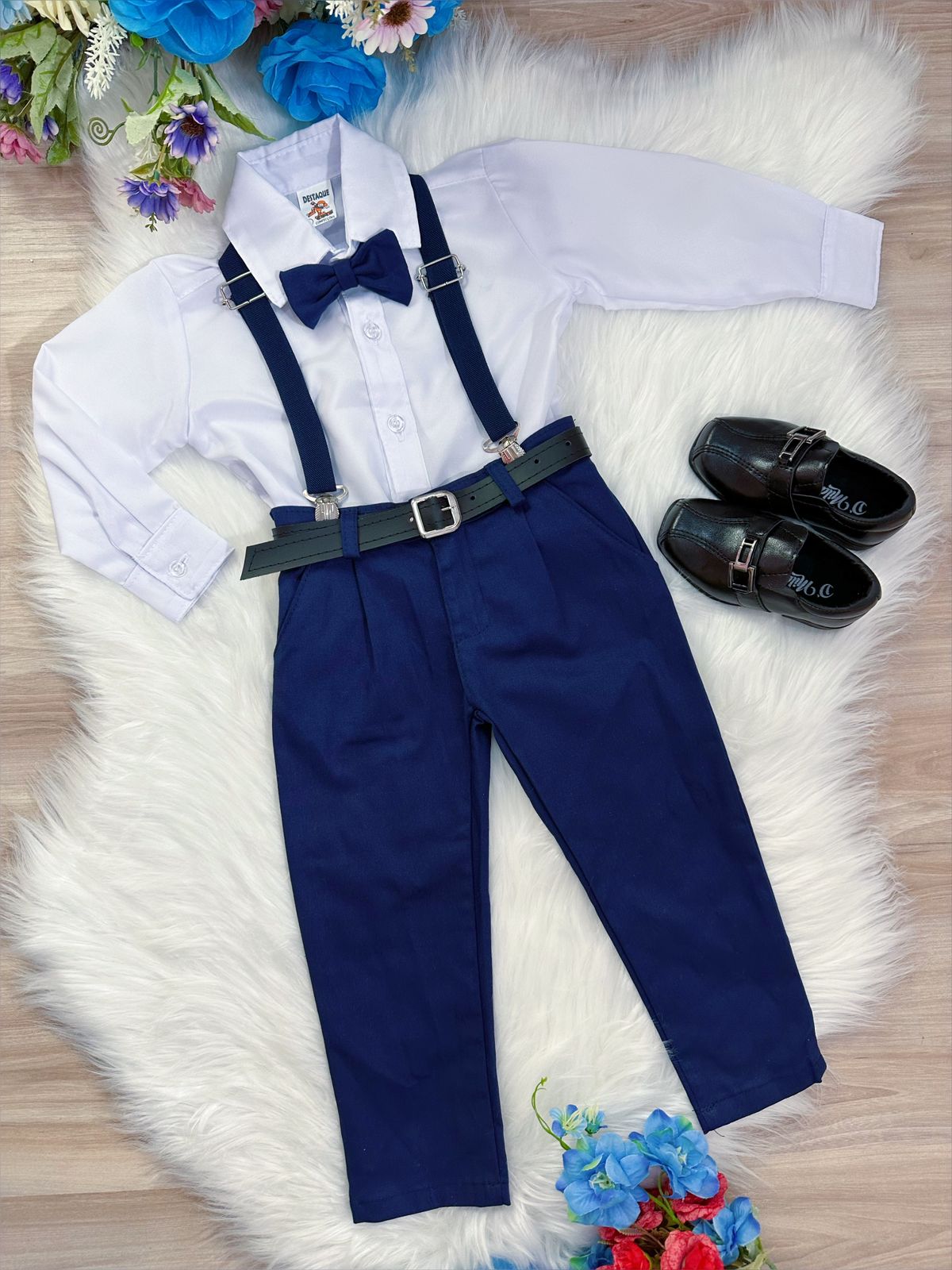 Conjunto Social Camisa Gravata Calça e Susp. Azul Marinho