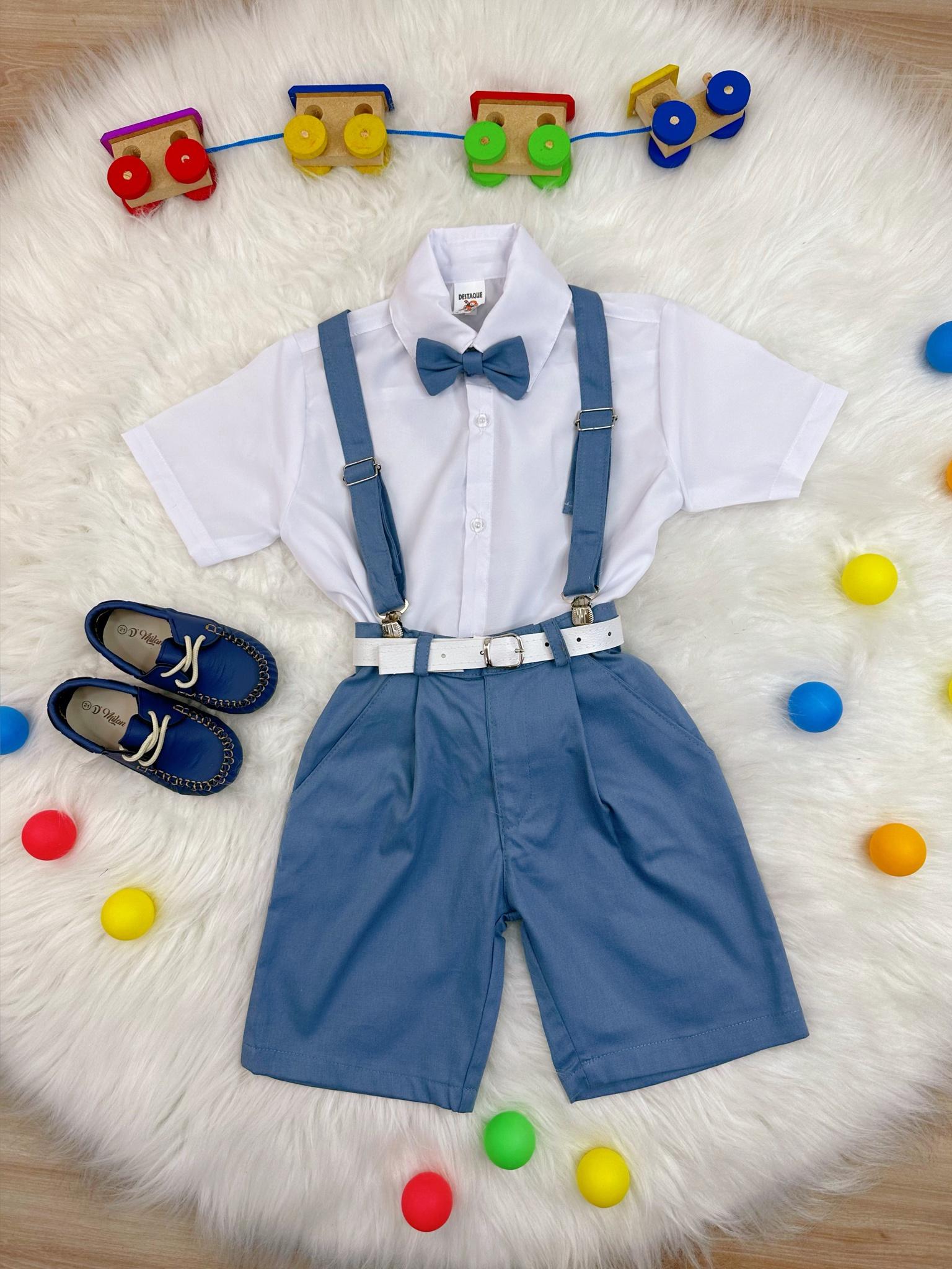 Conjunto Social Camisa Short Gravata e Susp. Azul Petróleo