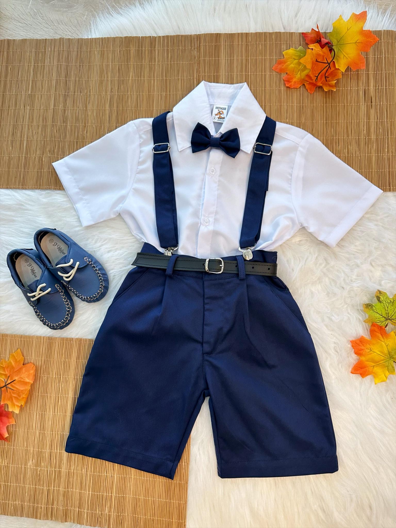 Conjunto Social Camisa Susp. Gravata e Short  Azul Marinho