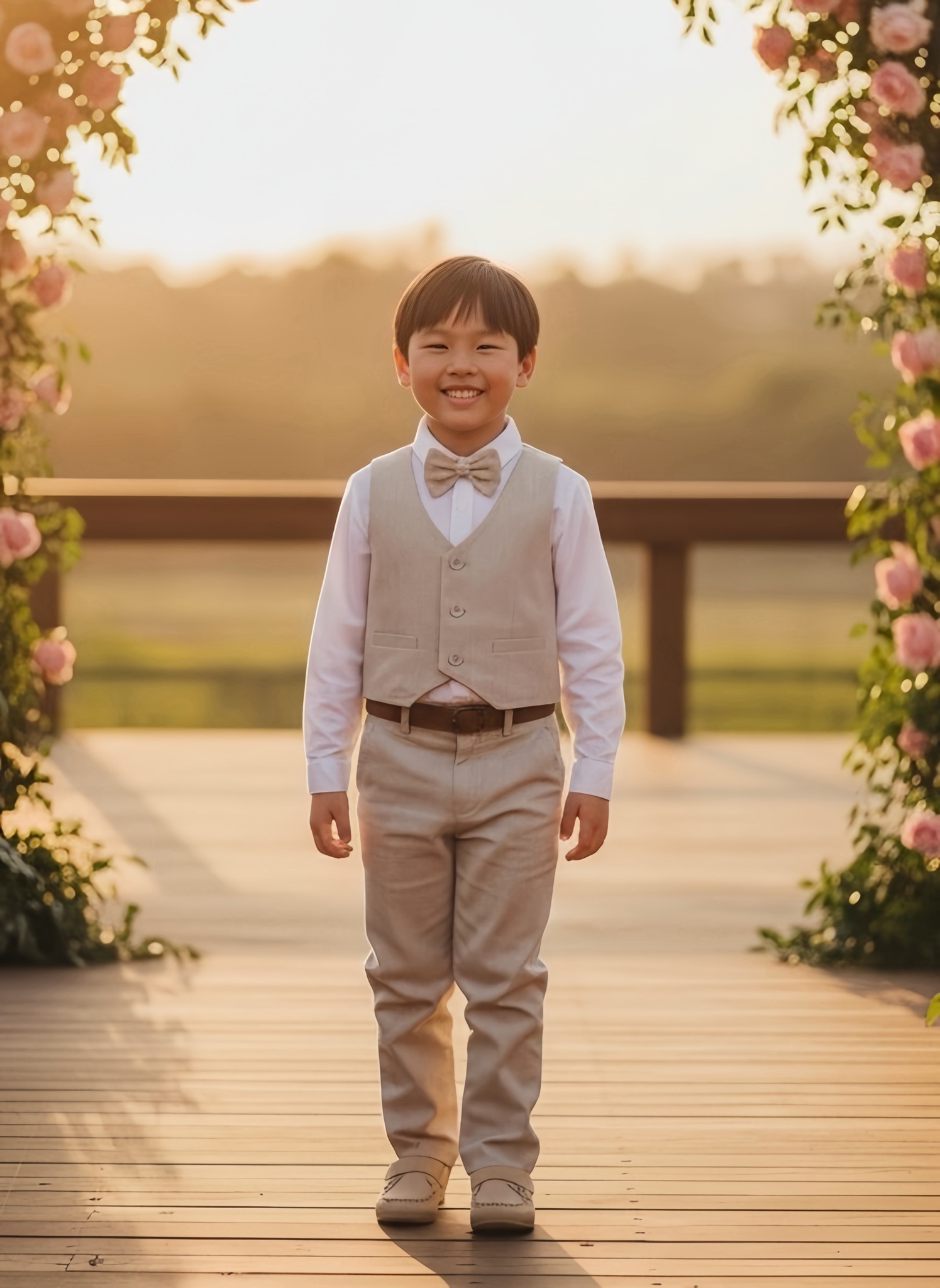Conjunto Social Pajem Calça Colete Bege e Camisa Branca
