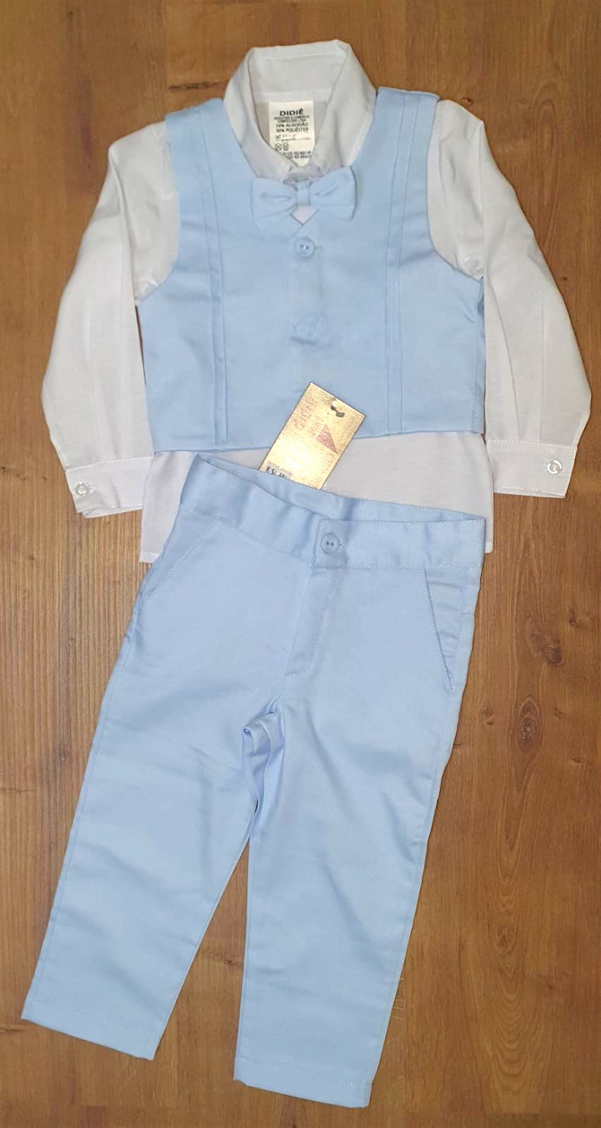 Conjunto Social Pajem Camisa Branca Calça e Colete Azul Claro