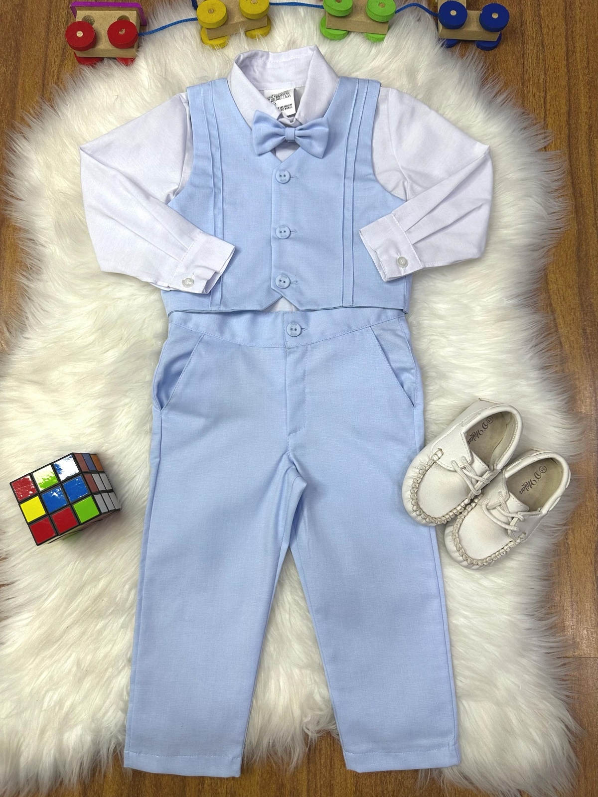 Conjunto Social Pajem Camisa Branca Calça e Colete Azul Claro